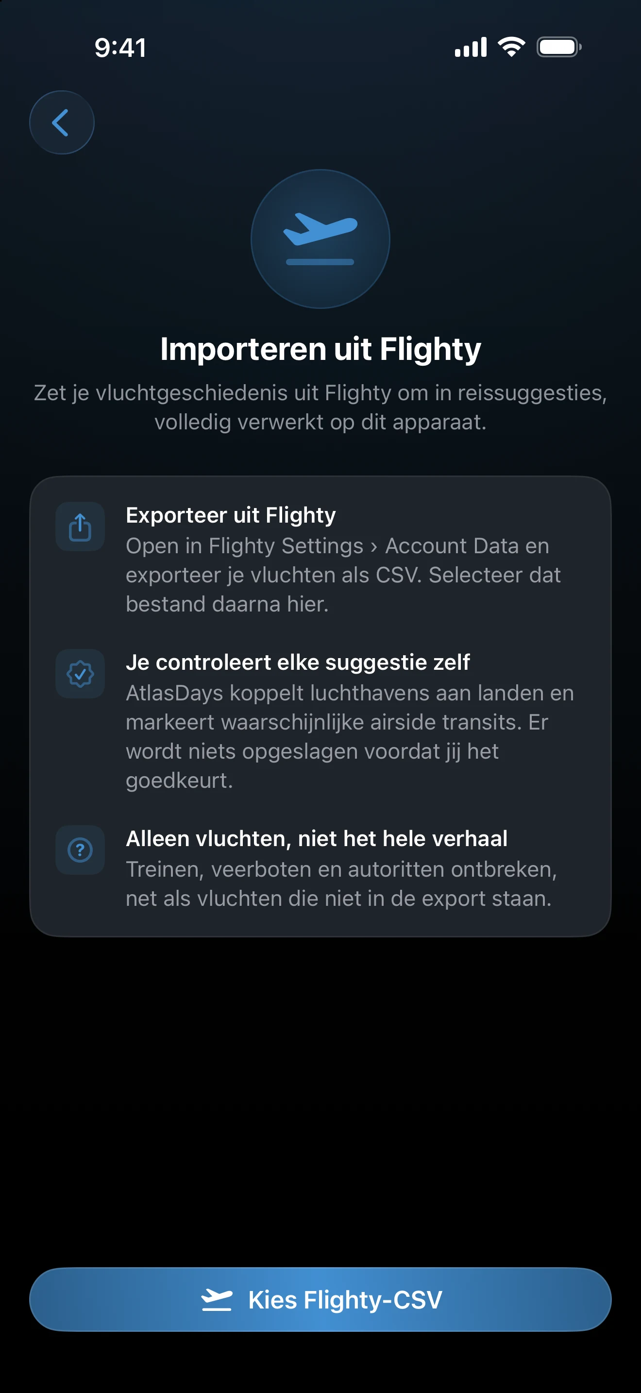 Instelscherm voor importeren uit Flighty