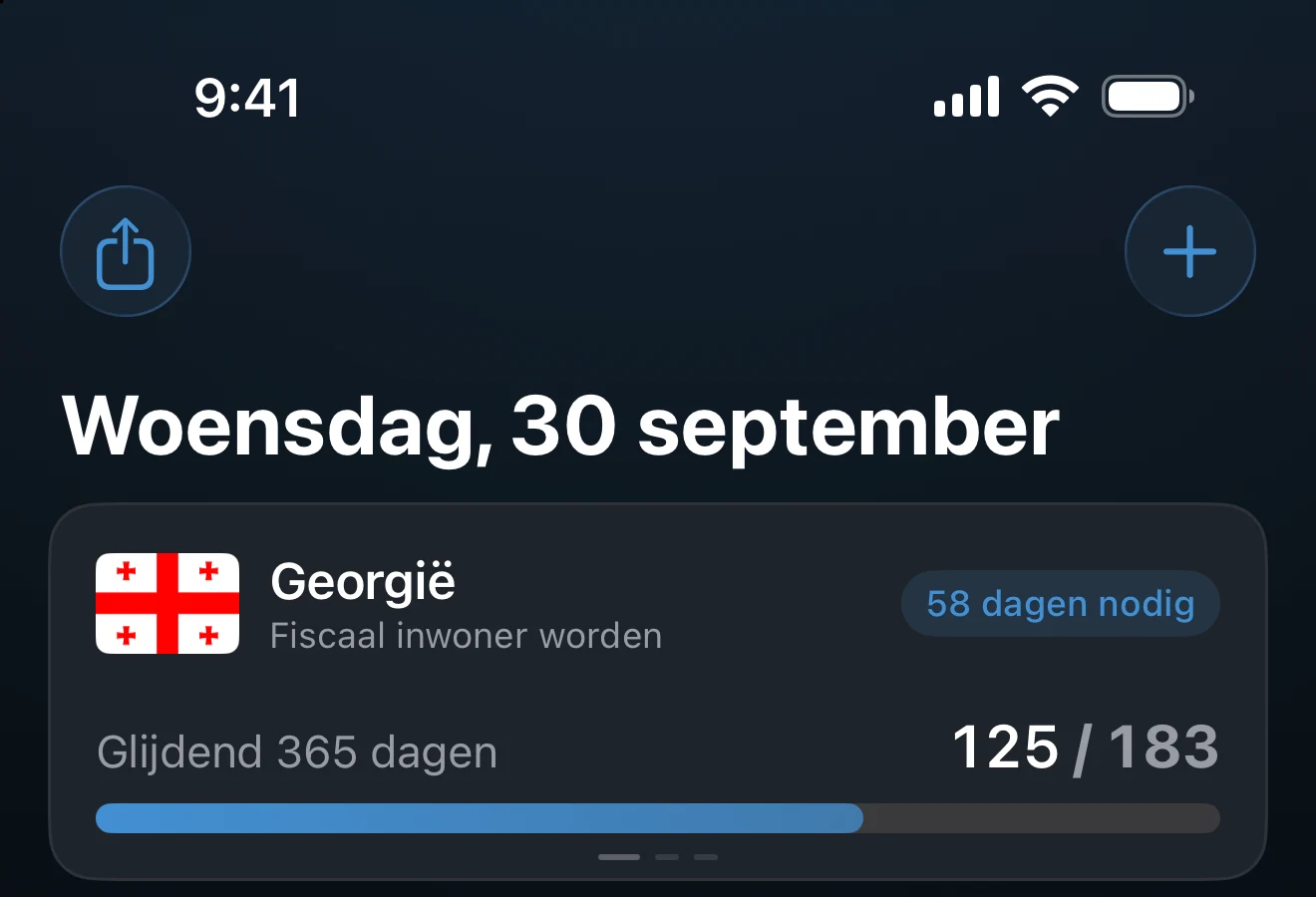 Kop van het Dashboard met de knop om een tracker toe te voegen