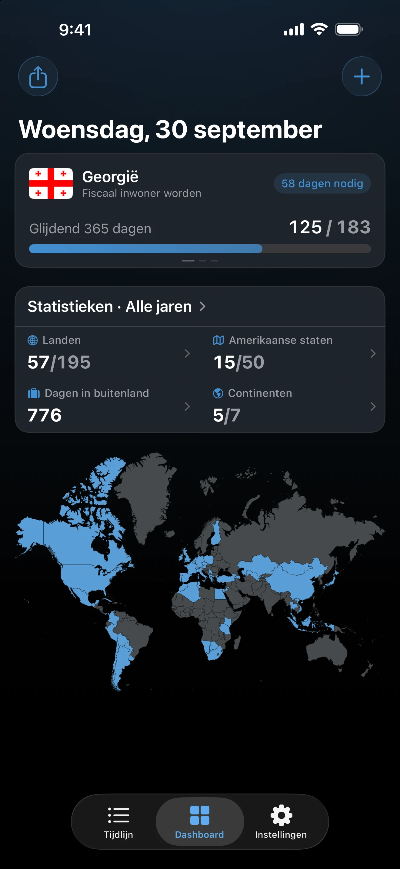 AtlasDays-Dashboard met dagtotalen, trackers en de wereldkaart
