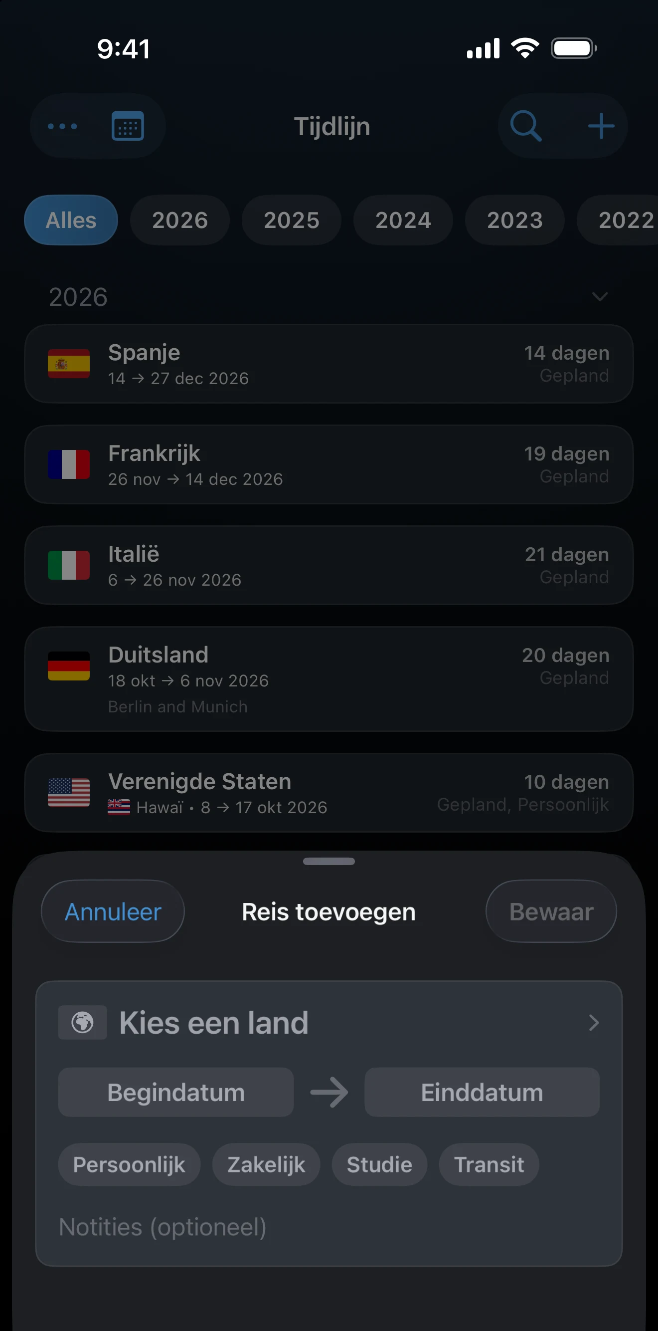 Venster Voeg reis toe met land, datums en soort reis