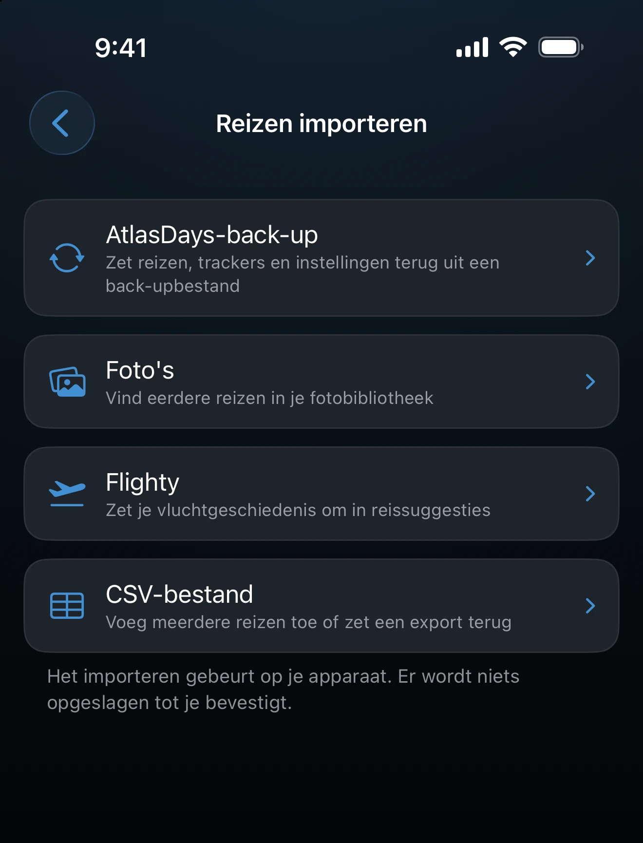 Scherm Reizen importeren met AtlasDays-back-up, Foto's, Flighty en CSV-bestand