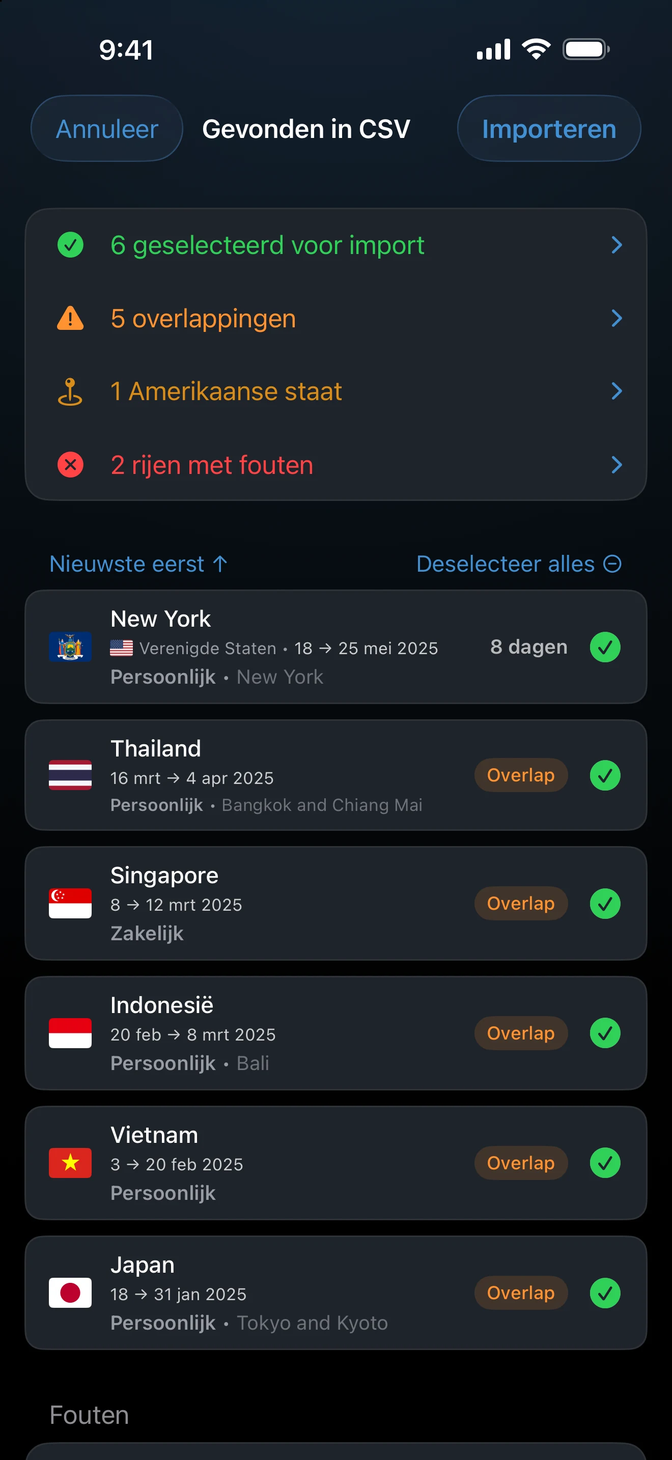 Importcontrole met de labels Duplicaat, Samenvoegen en Overlap op reiskaarten