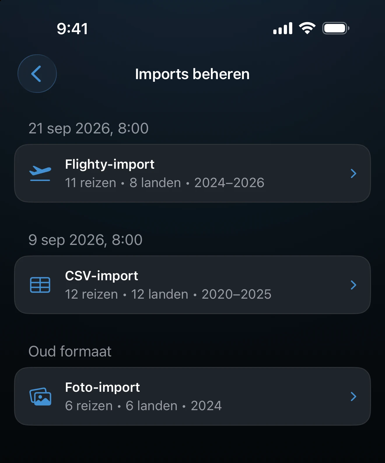 Imports beheren met per import het aantal reizen en landen