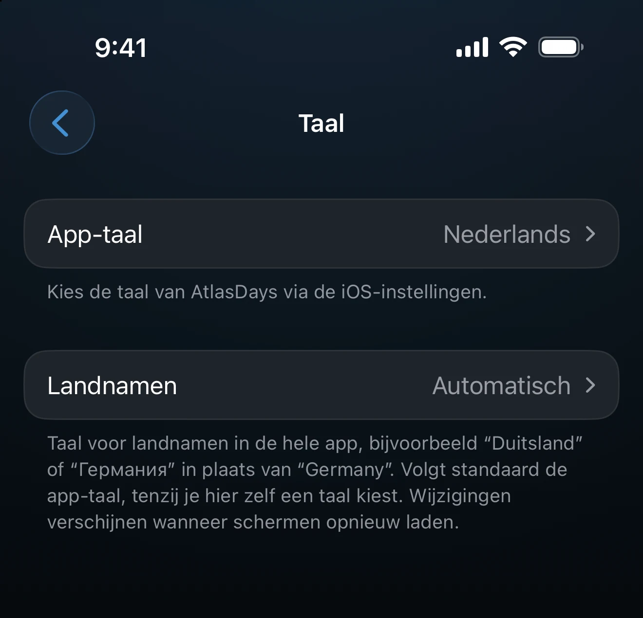 Taalinstellingen met de taal van de app en landnamen