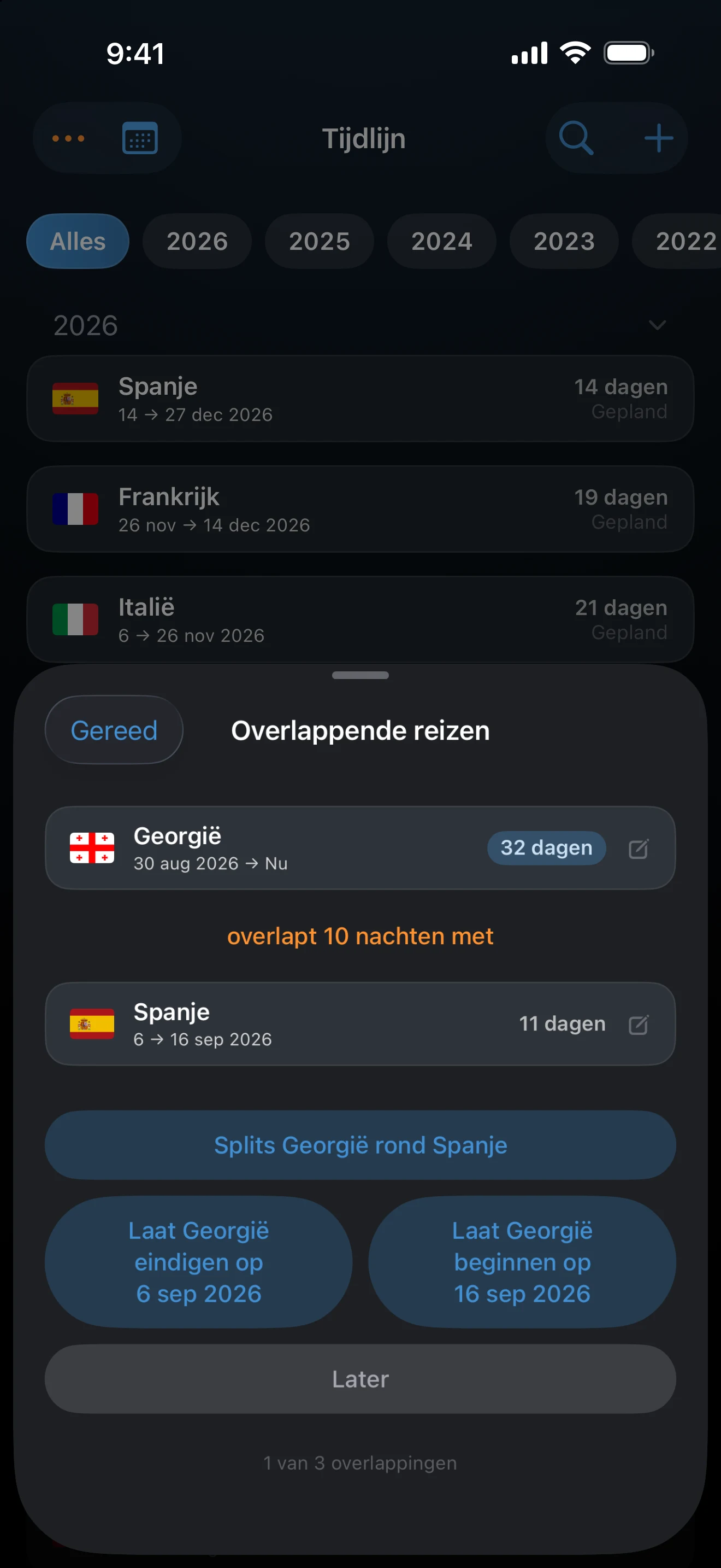 Venster Overlappende reizen met opties om twee reizen in te korten
