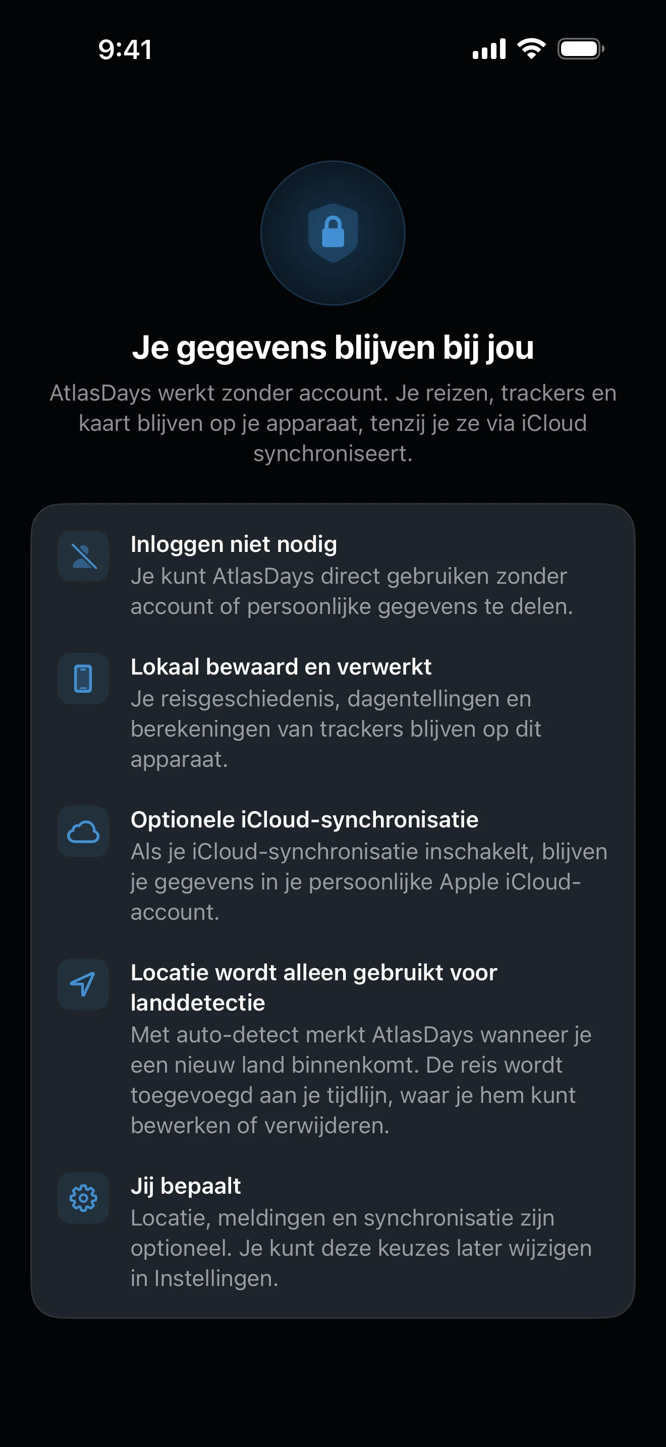 Privacyoverzicht van AtlasDays met samenvattingen van gegevens en toestemmingen