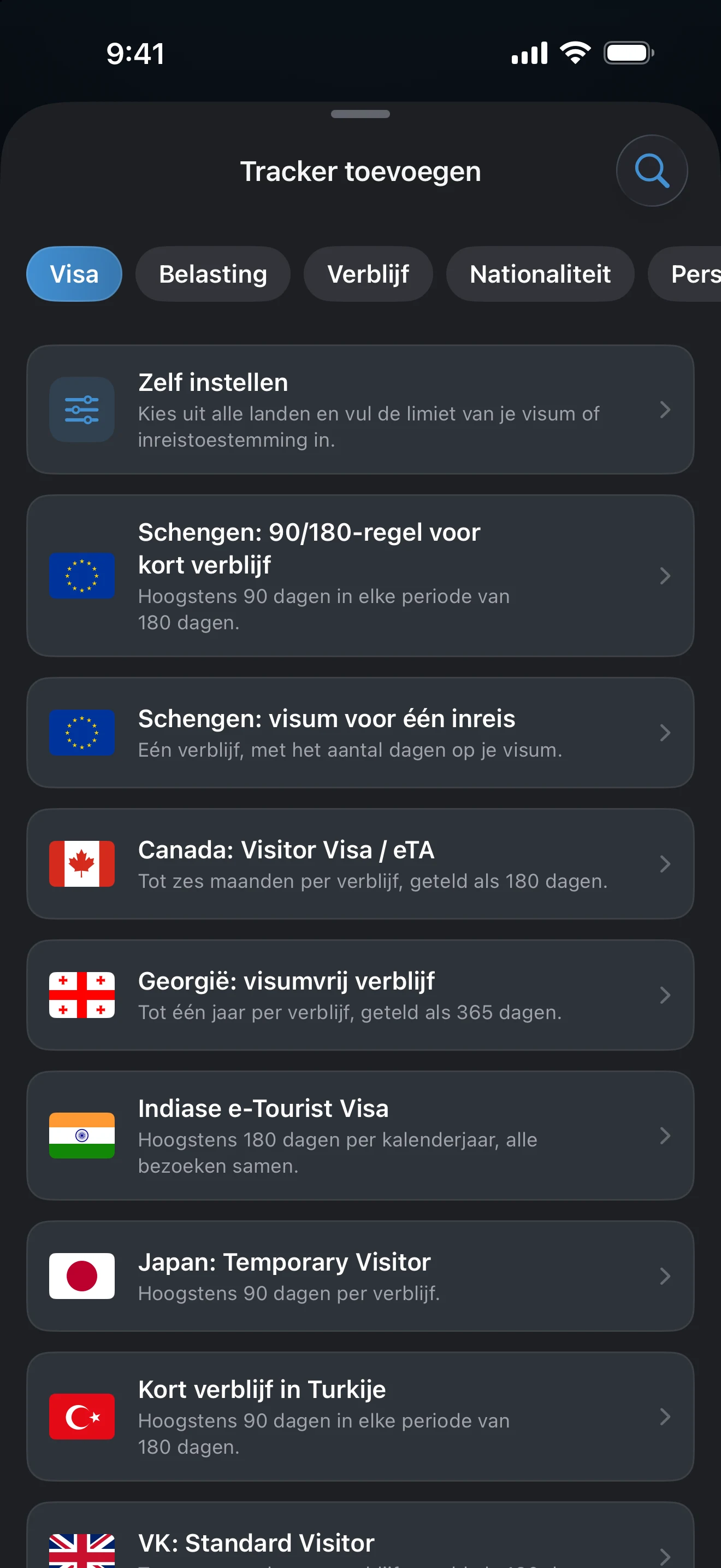 Schengenpresets in de sectie Visa en verblijfsduur: 90/180-regel voor kort verblijf en visum voor één inreis