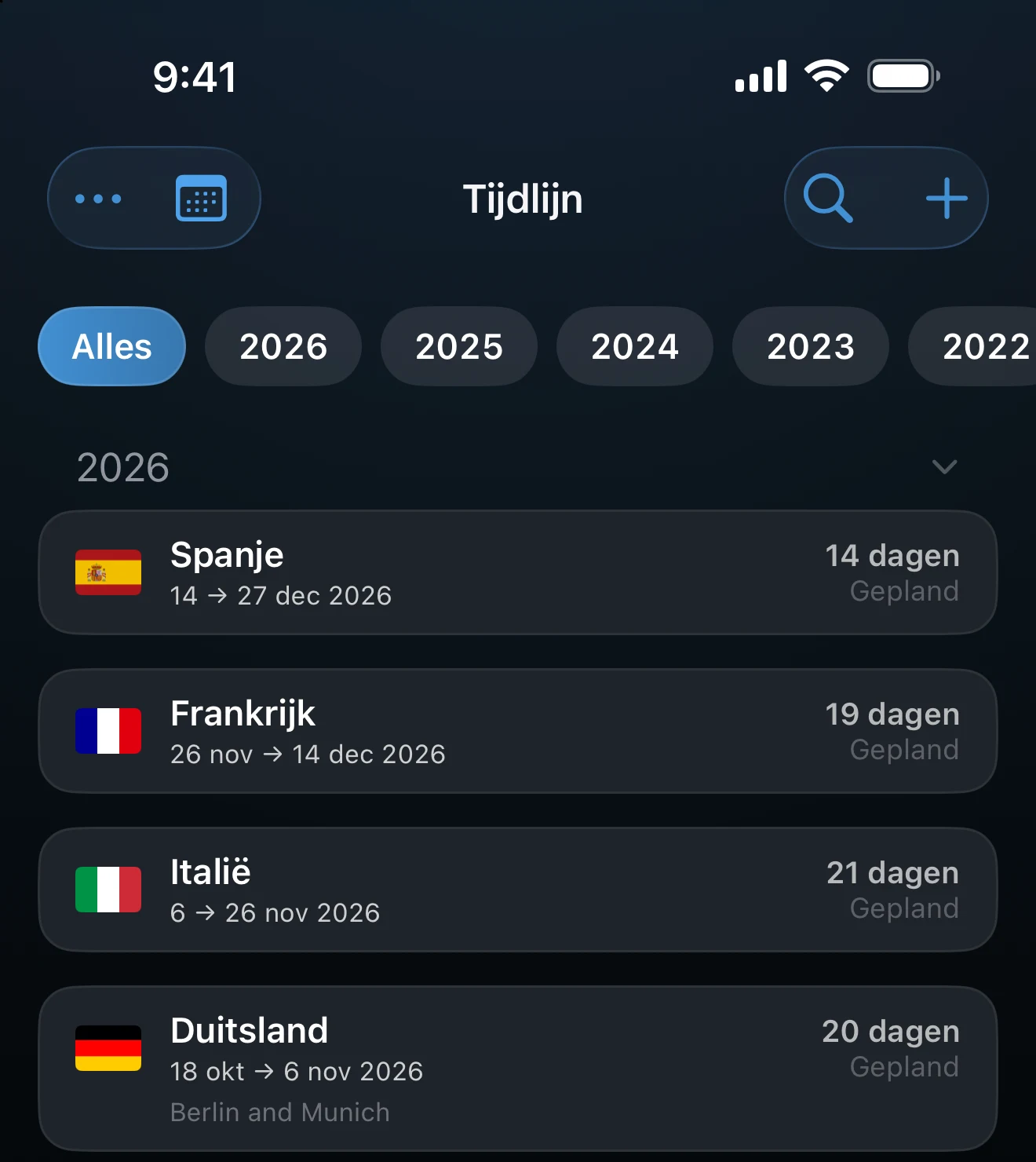 Tijdlijnlijst met Schengenverblijven en hun datums