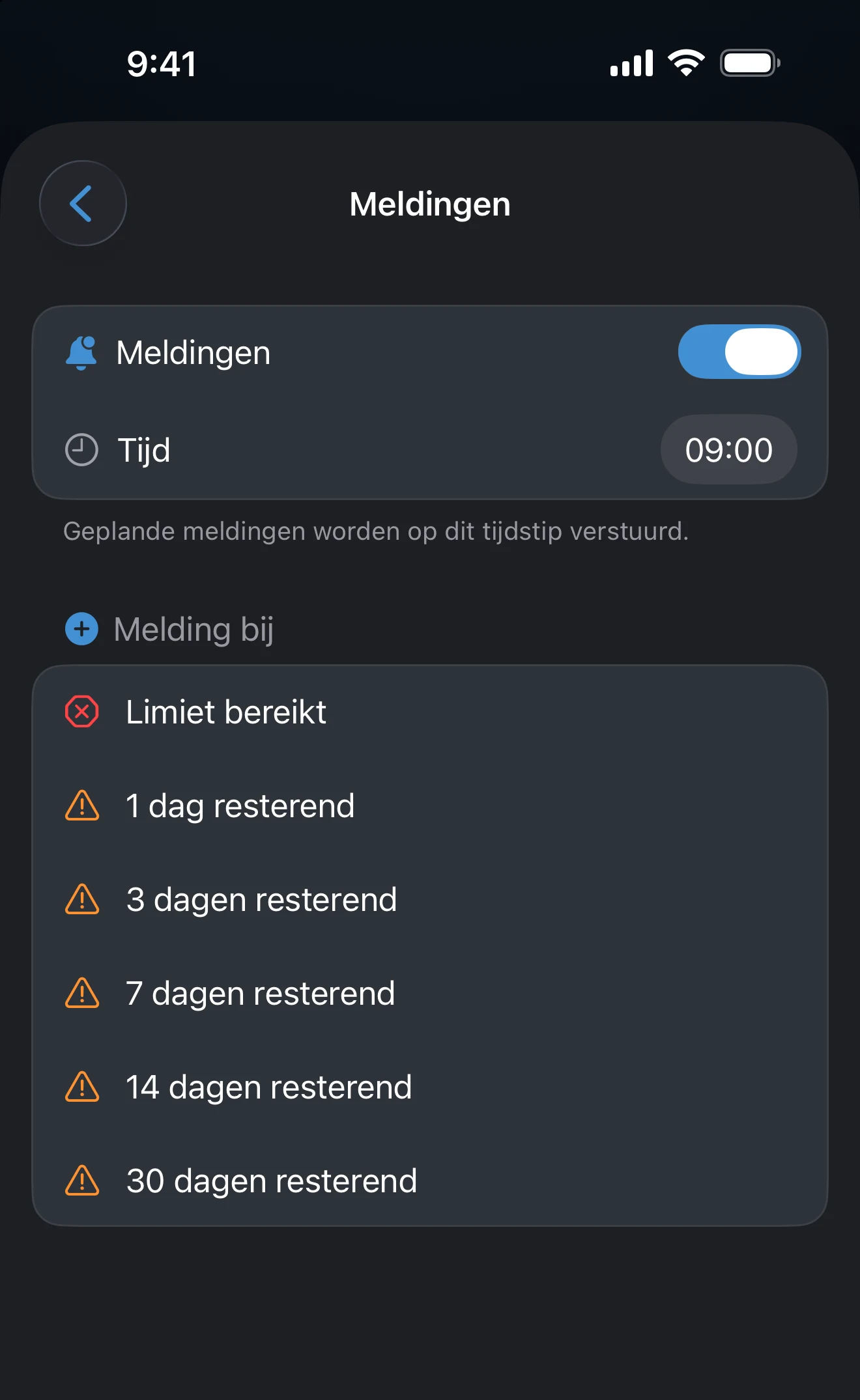 Meldingenscherm van een tracker met het bezorgtijdstip en de lijst met mijlpalen
