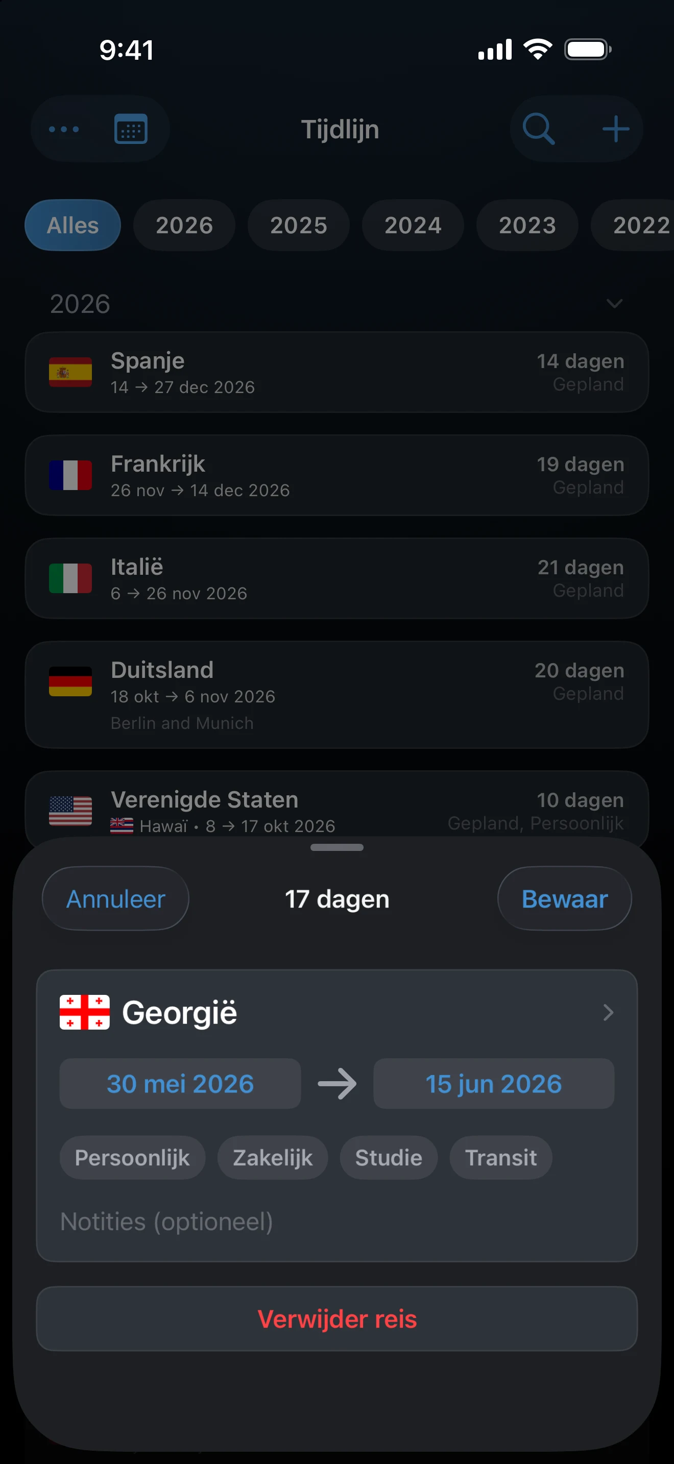 Venster Reis wijzigen met land en datums