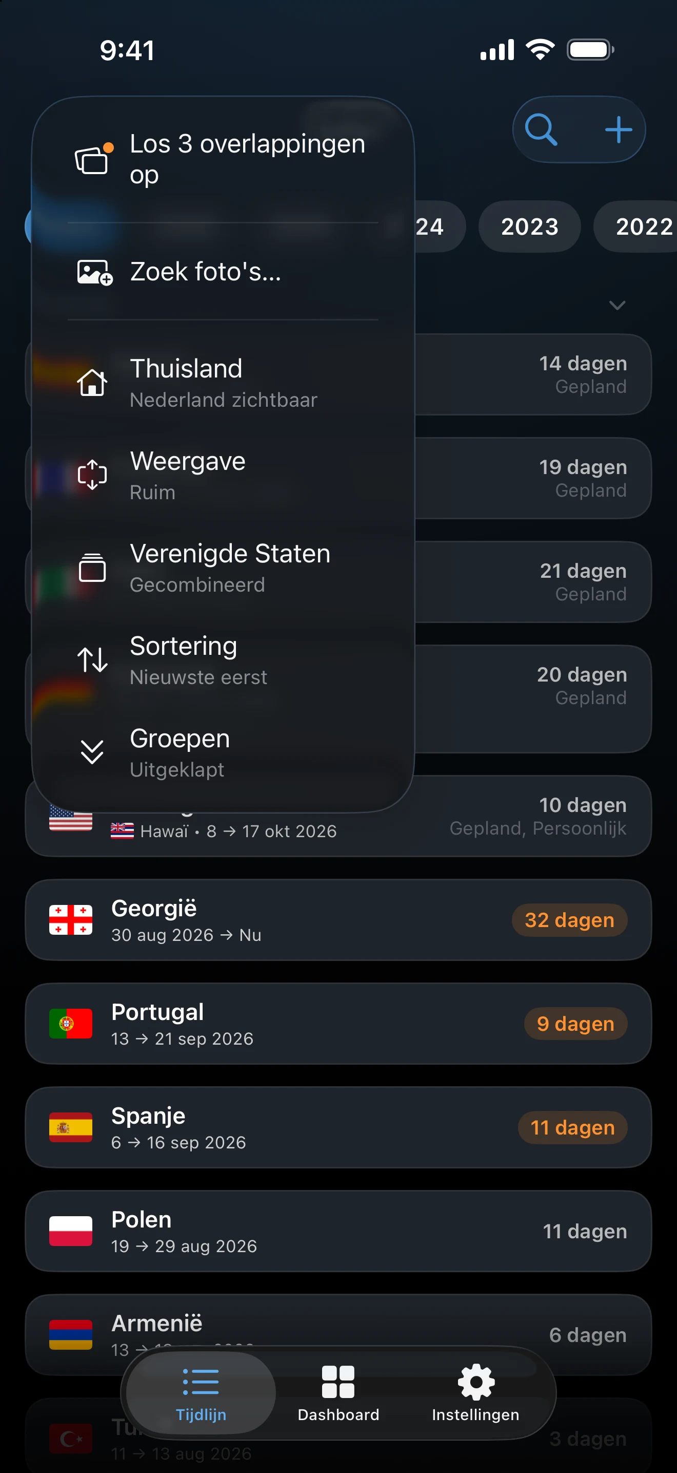 Tijdlijnmenu met Los overlappingen op, Foto's zoeken, Thuisland, Weergave, Verenigde Staten, Sortering en Groepen