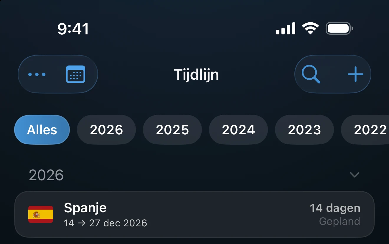 Tijdlijn met Alle jaren en jaarfilters boven de reizenlijst