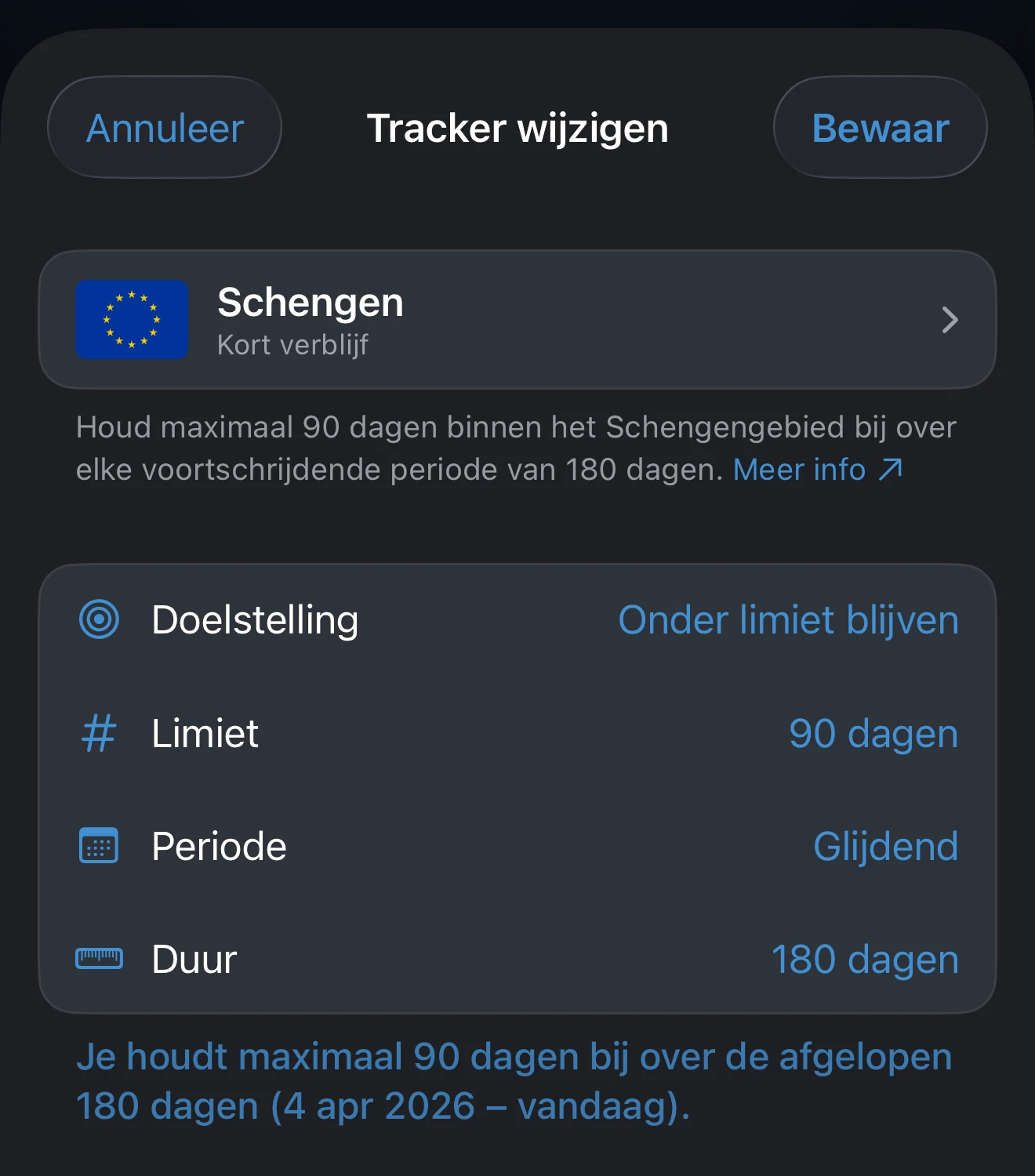 Trackereditor met de instellingen voor limiet en periode