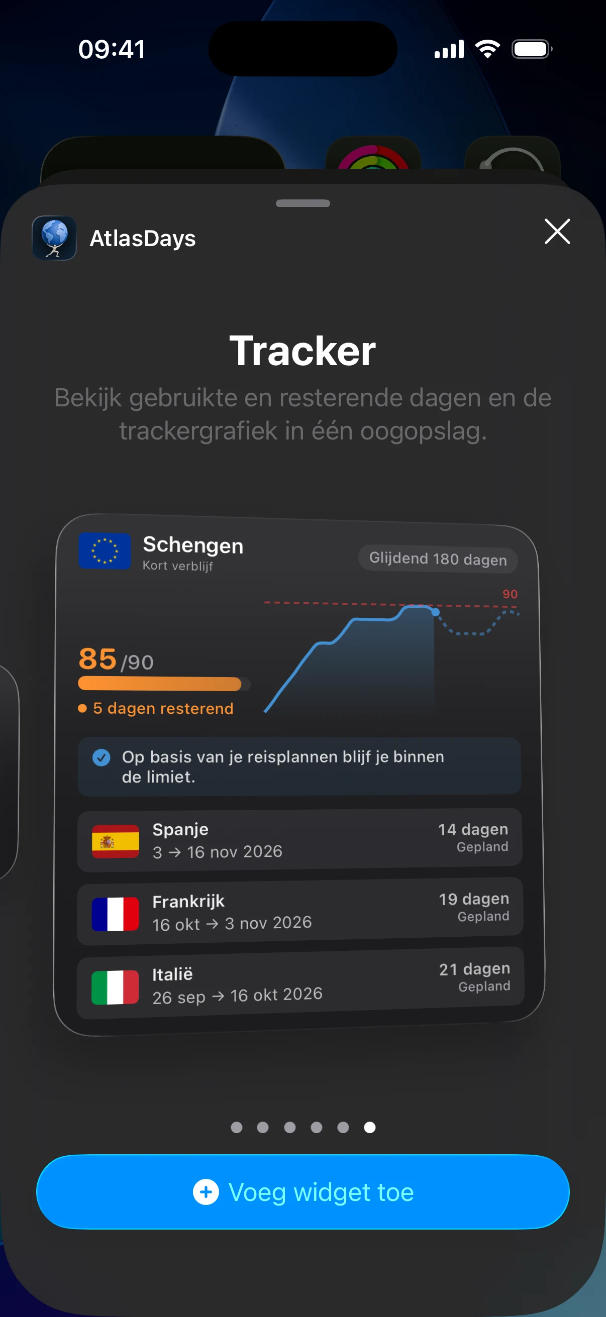 iOS-widgetgalerie met de AtlasDays-widgets Tracker en Wereldkaart