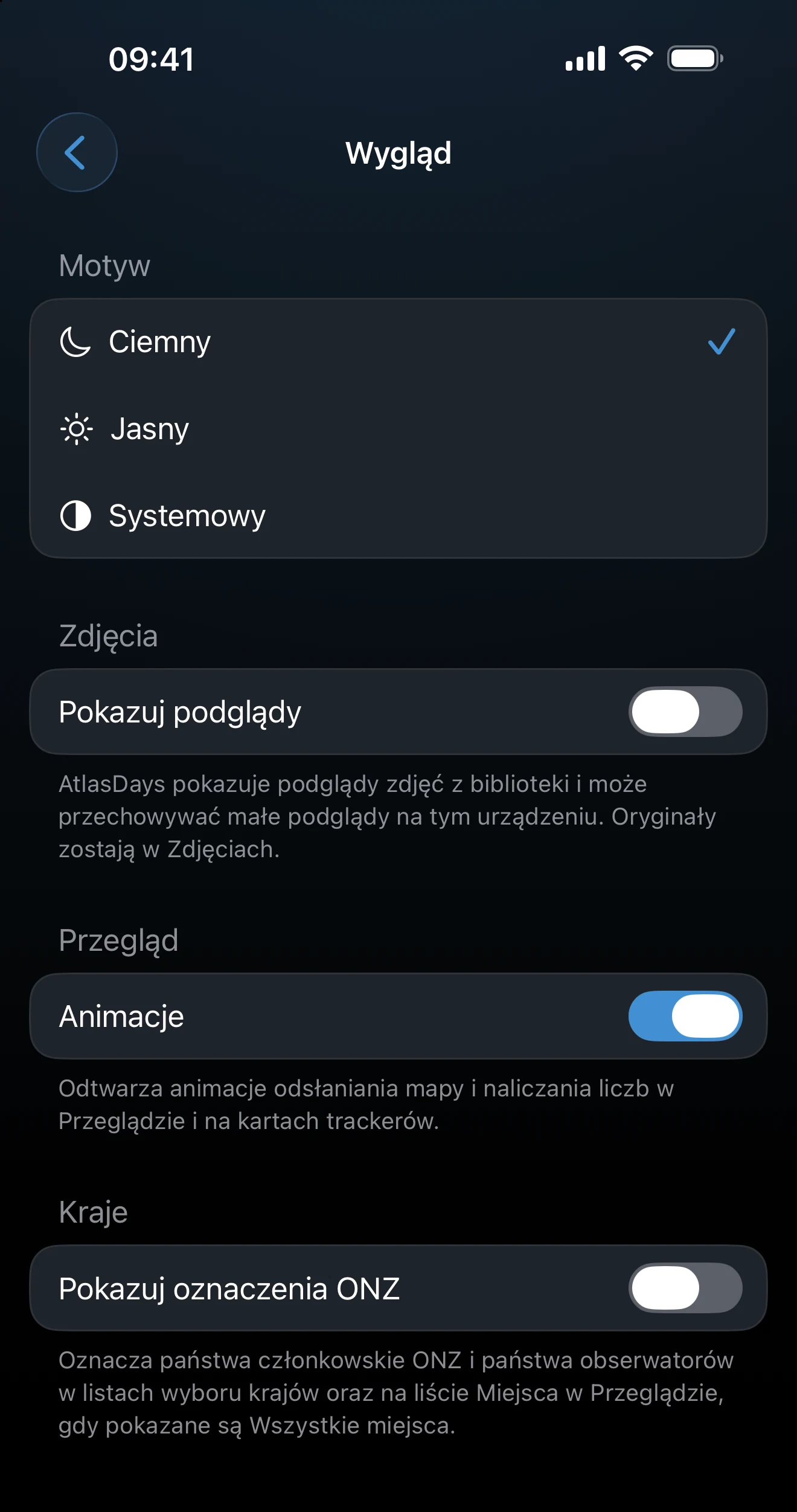 Ustawienia wyglądu z opcjami motywu, zdjęć, ekranu Przegląd i krajów