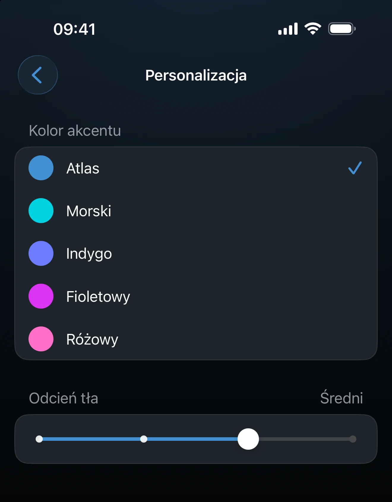 Ekran Personalizacja z kolorami akcentu i suwakiem odcienia tła