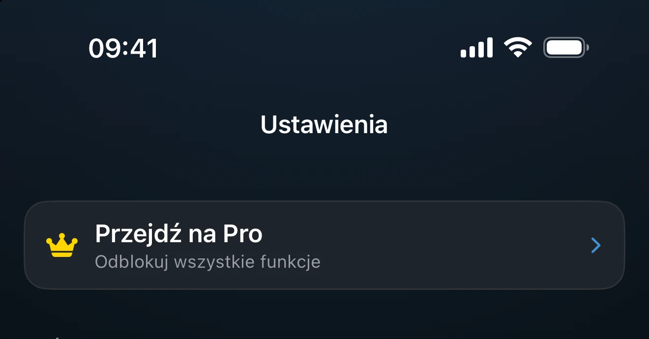 Ekran Ustawienia z kartą Przejdź na Pro