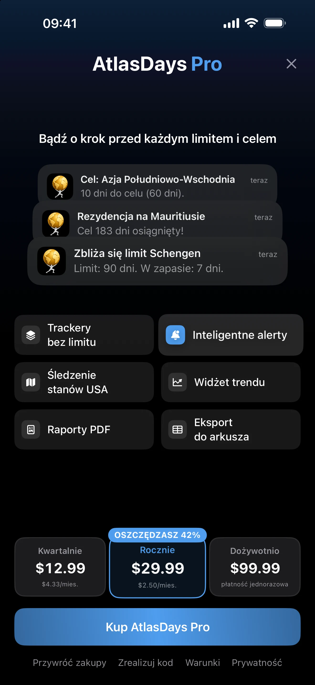 Ekran zakupu AtlasDays Pro z listą funkcji