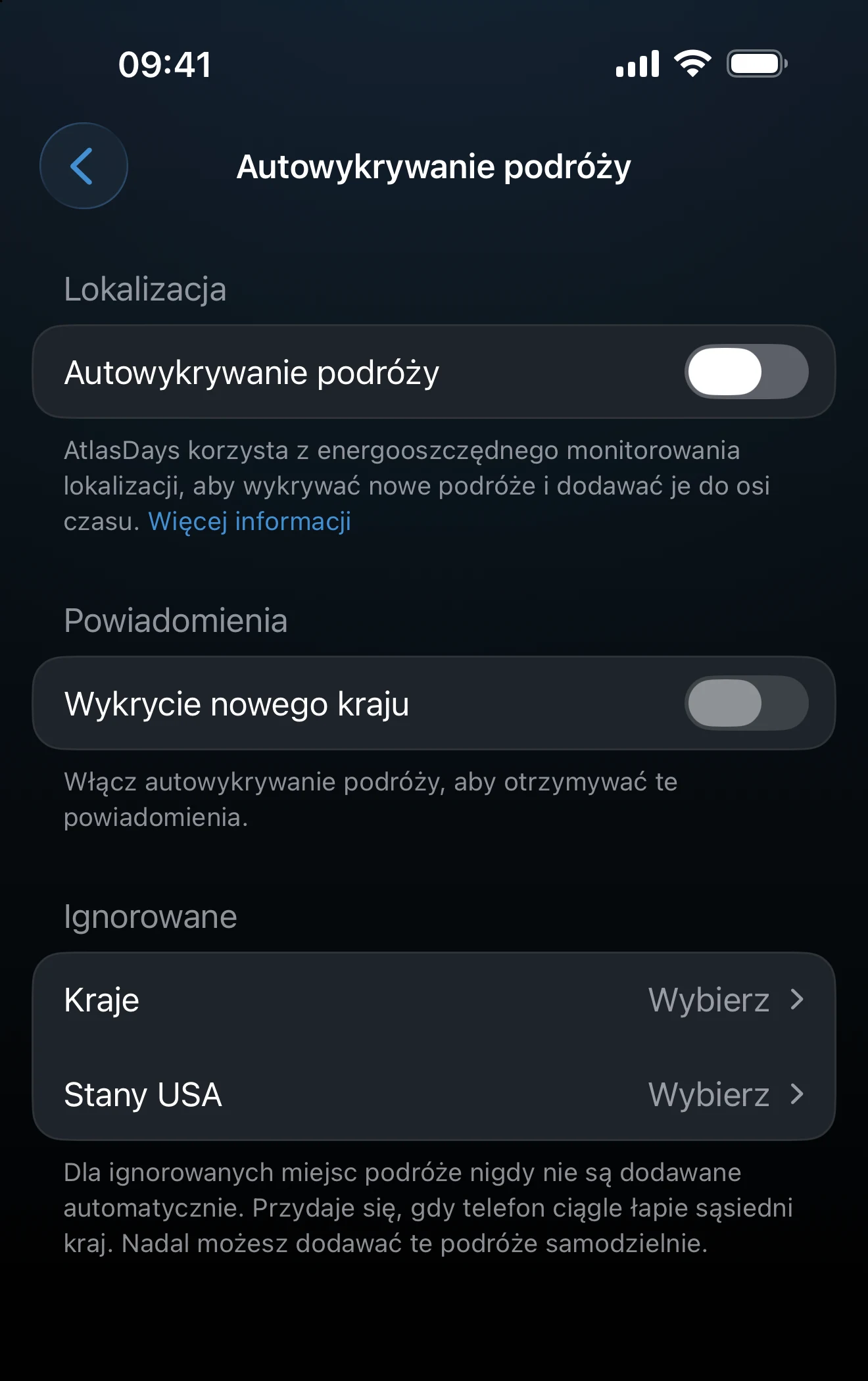Ustawienia autowykrywania podróży z opcjami lokalizacji i powiadomień