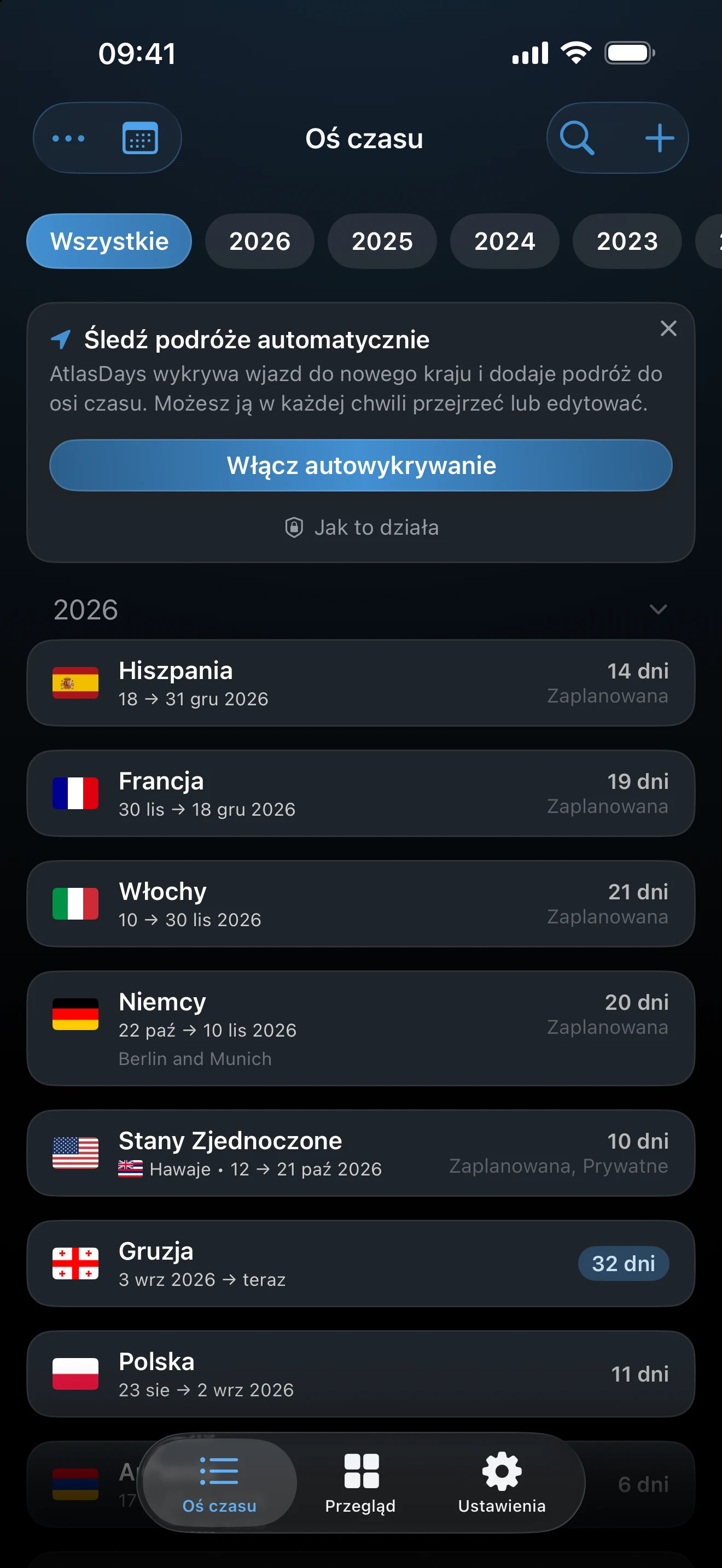 Karta na ekranie Oś czasu z propozycją włączenia autowykrywania