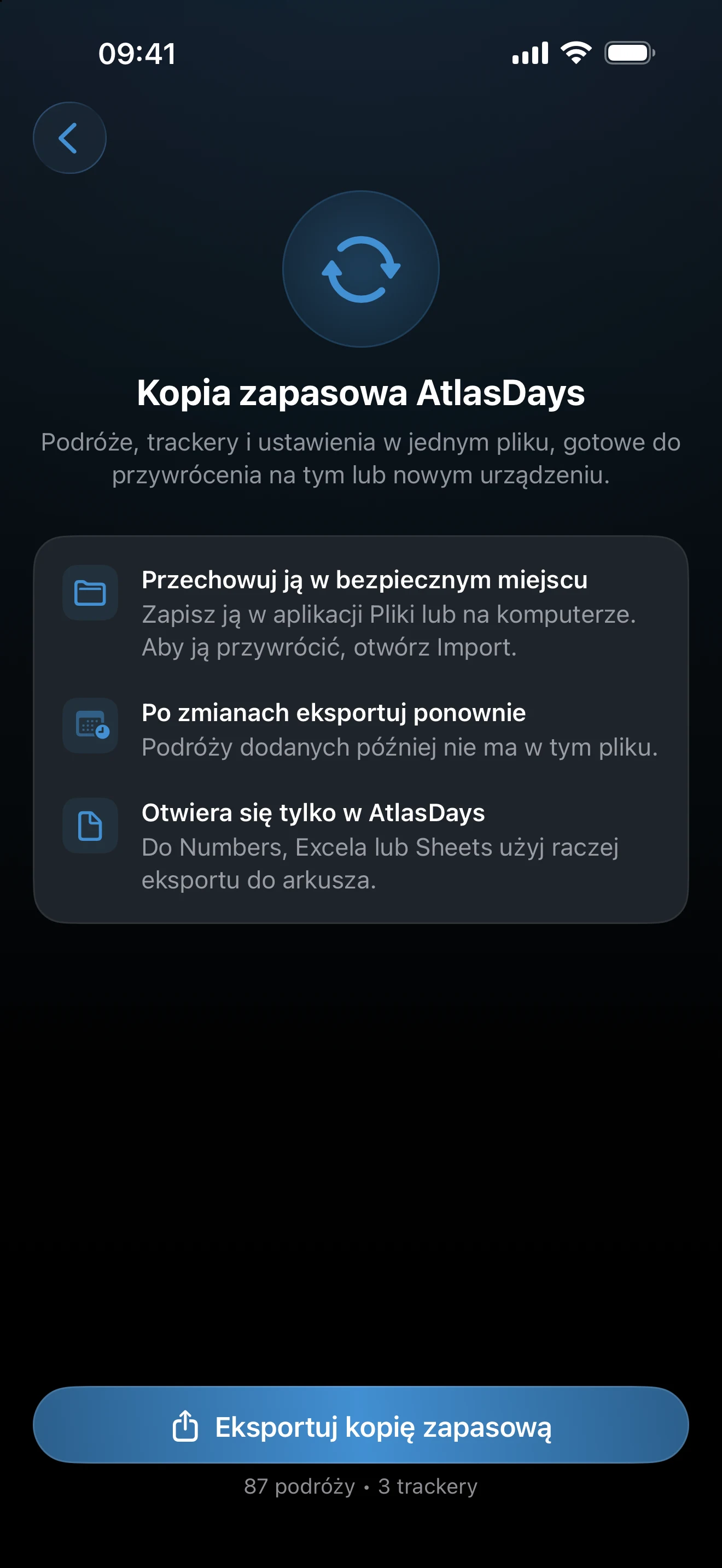 Ekran Kopia zapasowa AtlasDays z przyciskiem Eksportuj kopię zapasową i liczbą podróży i trackerów