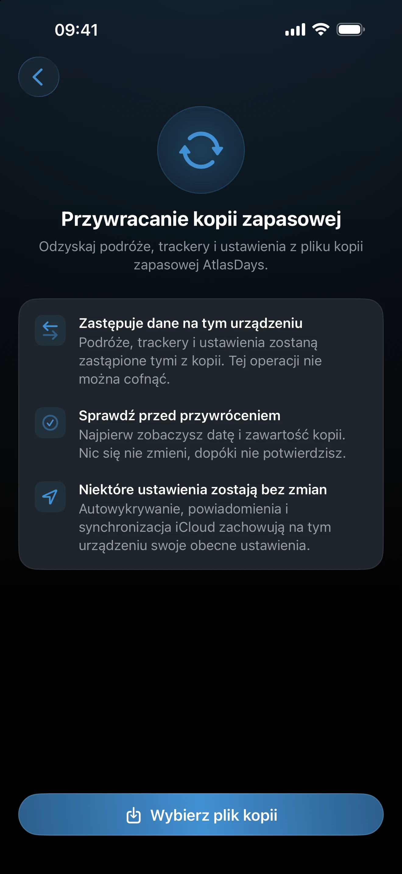 Ekran Przywracanie kopii zapasowej z przyciskiem Wybierz plik kopii