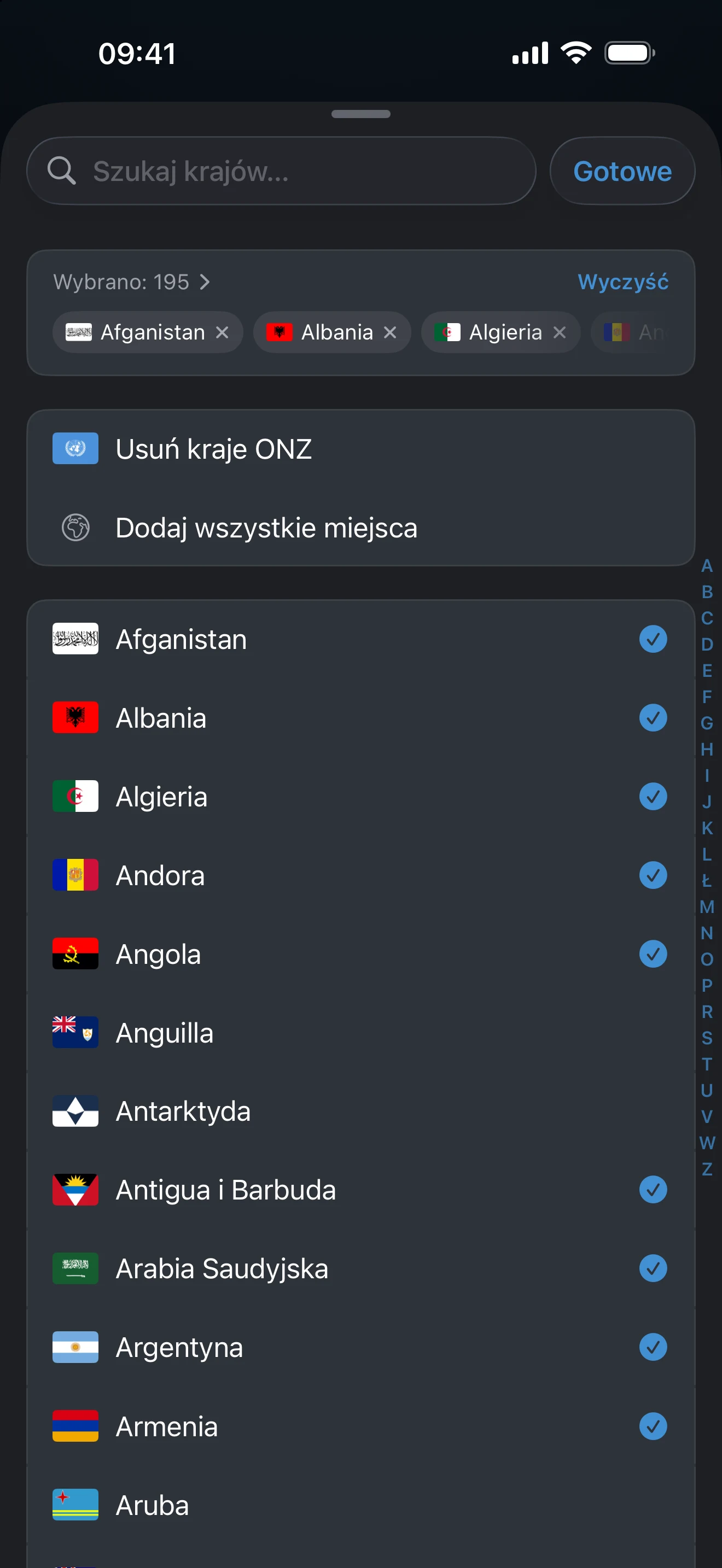 Lista wyboru „Liczba krajów” z wierszem szablonu krajów ONZ nad listą miejsc