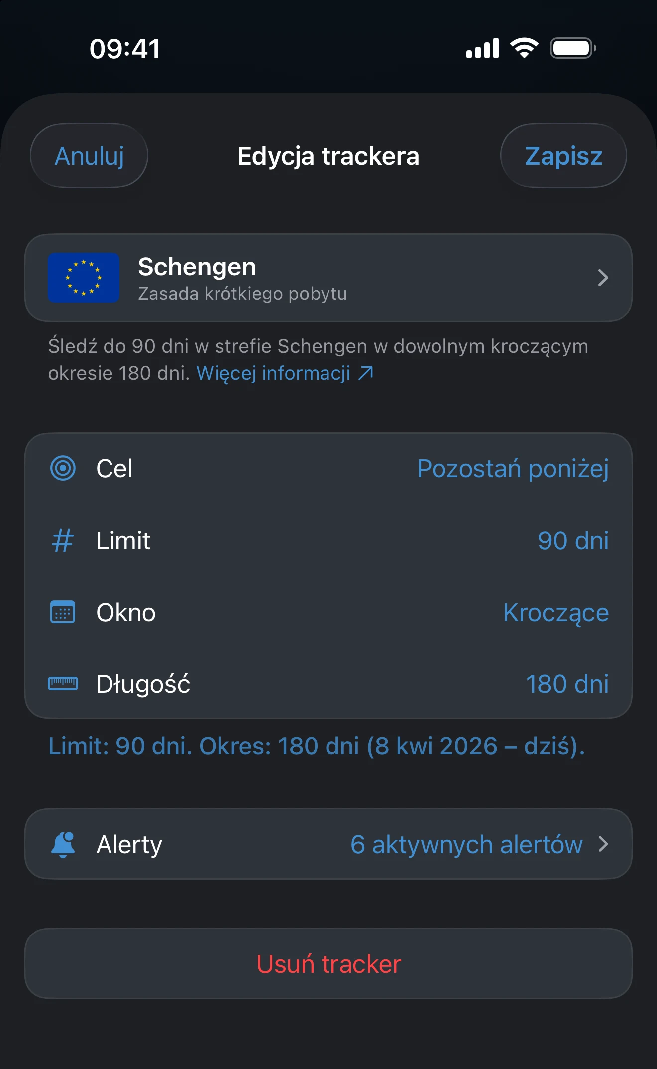 Edytor trackera z wierszami miejsc, celu, limitu i okna
