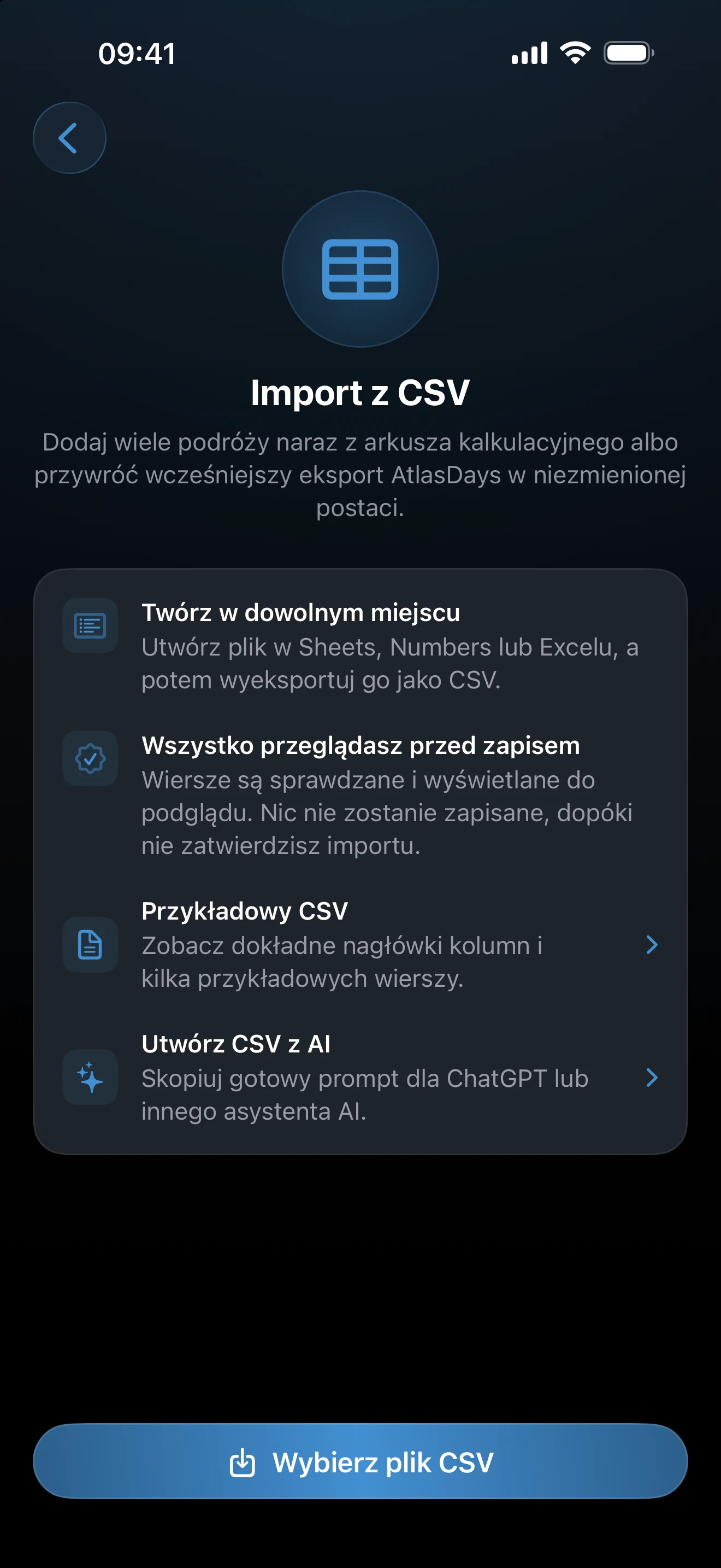 Ekran konfiguracji importu z CSV z przyciskami przykładowego pliku