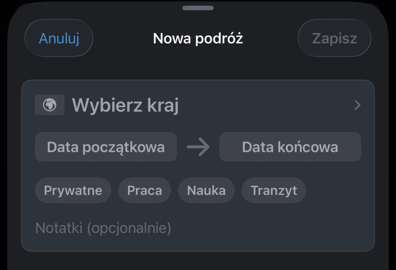 Daty podróży z datą rozpoczęcia i zakończenia