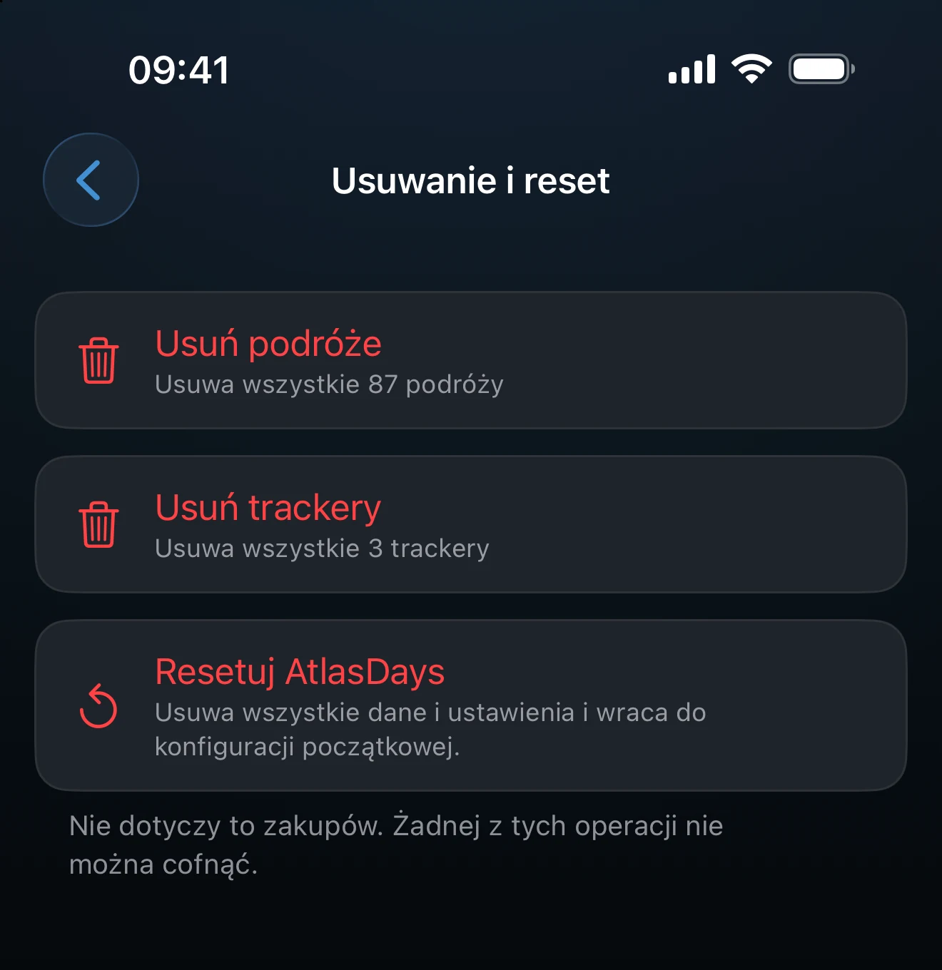 Ekran Usuwanie i reset z listą dostępnych operacji