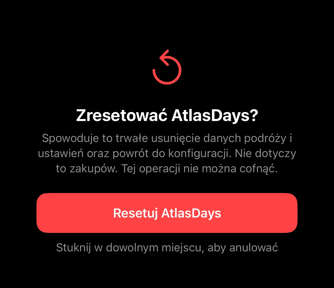Ekran potwierdzenia wyjaśniający, co zostanie usunięte