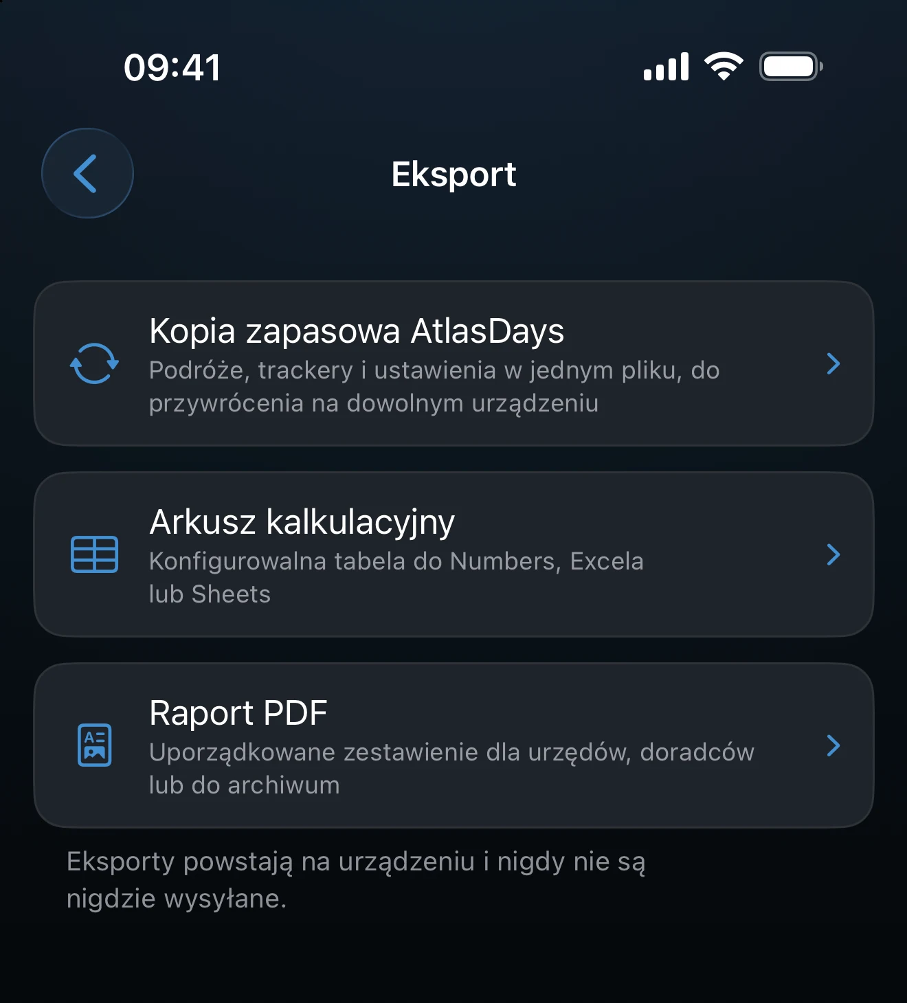 Ekran Eksport z opcjami Kopia zapasowa AtlasDays, Arkusz kalkulacyjny i Raport PDF