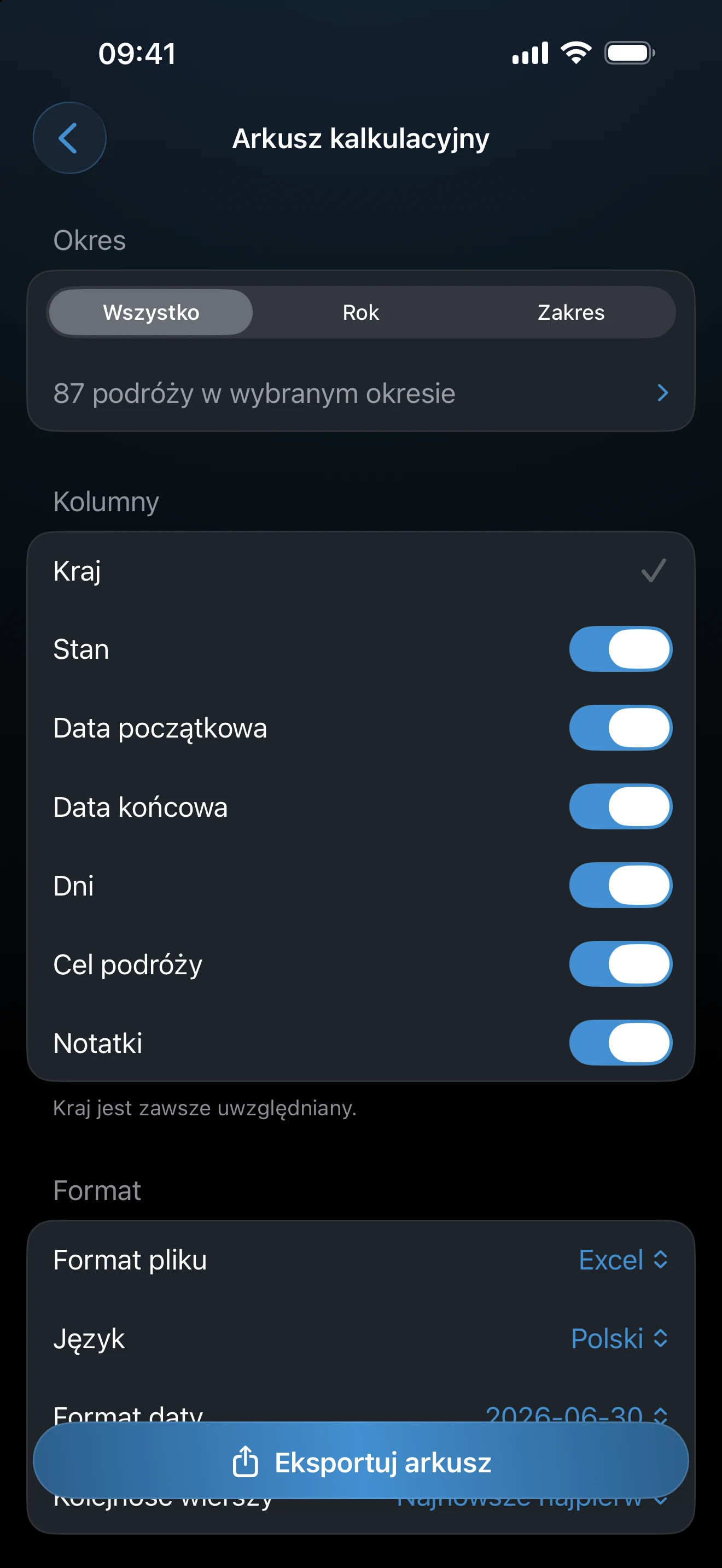 Konfiguracja eksportu do arkusza kalkulacyjnego z okresem, formatem i opcjami daty