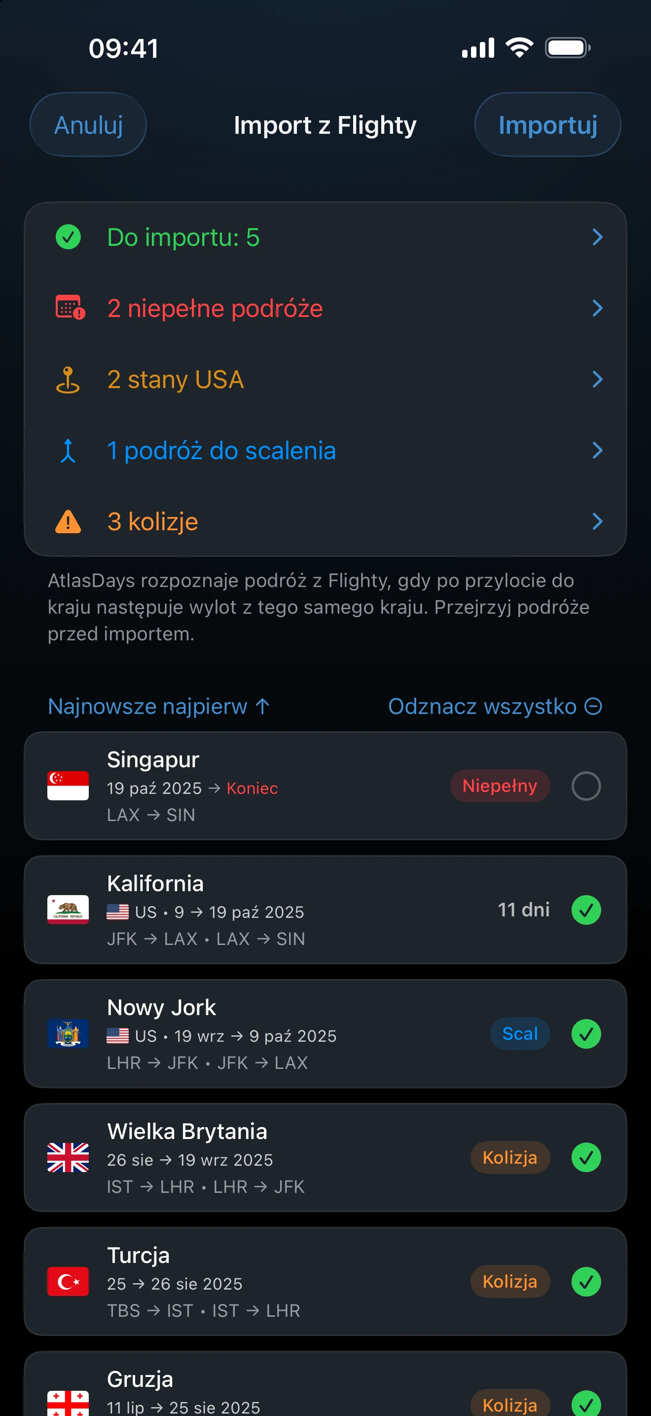 Podgląd importu z Flighty z pobytami, tranzytem i ostrzeżeniami