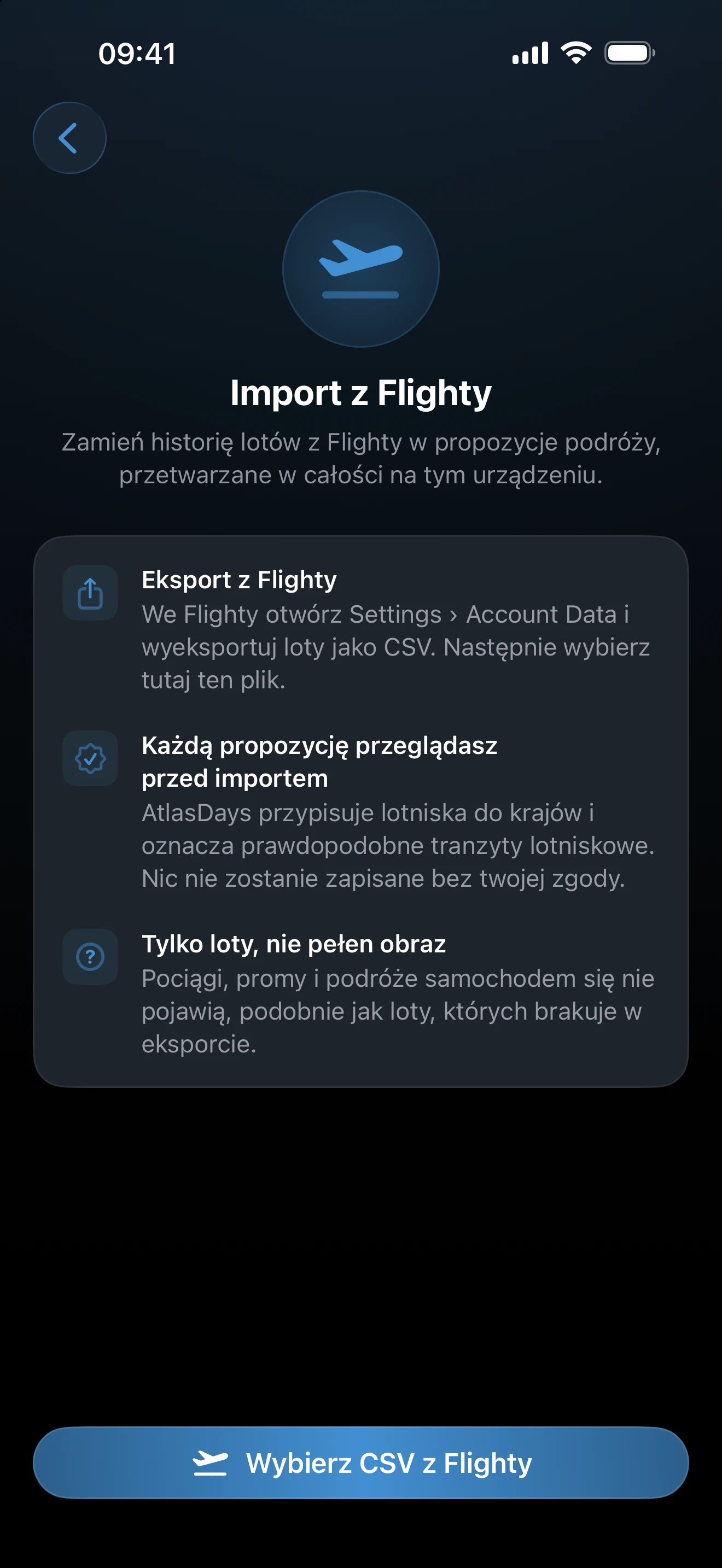Ekran konfiguracji importu z Flighty