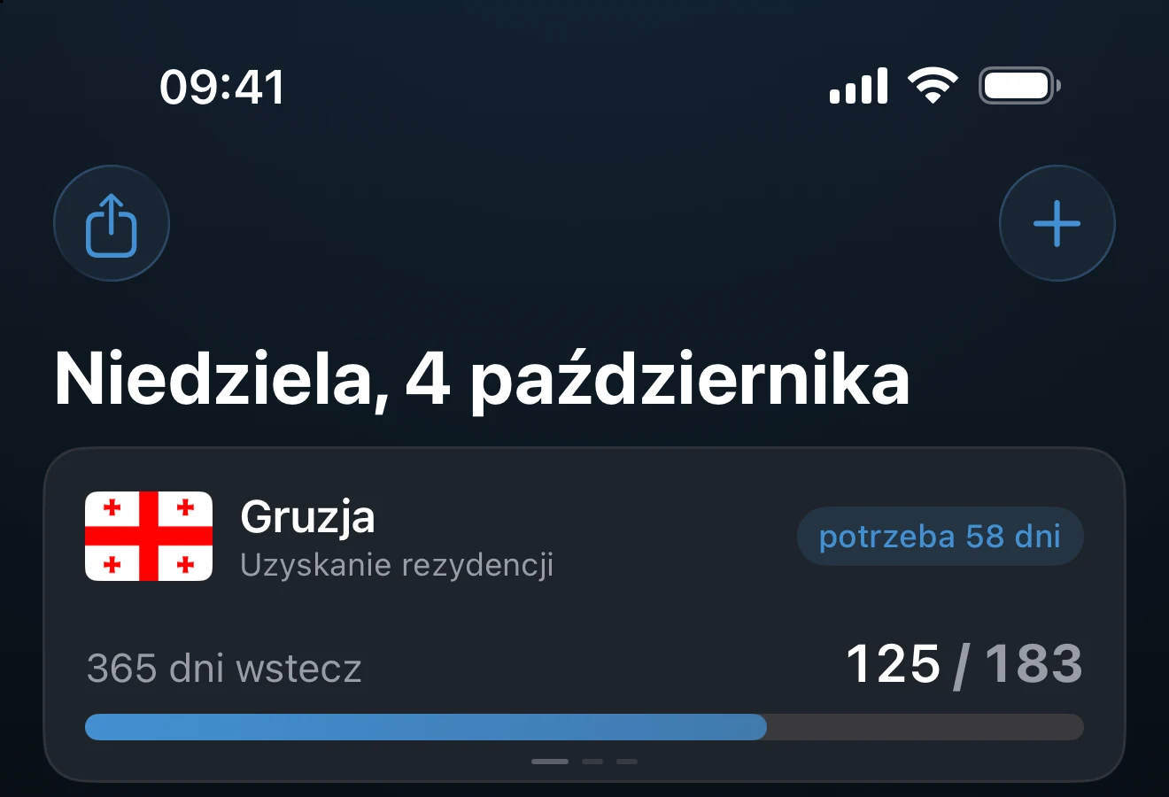Nagłówek ekranu Przegląd z przyciskiem dodawania trackera