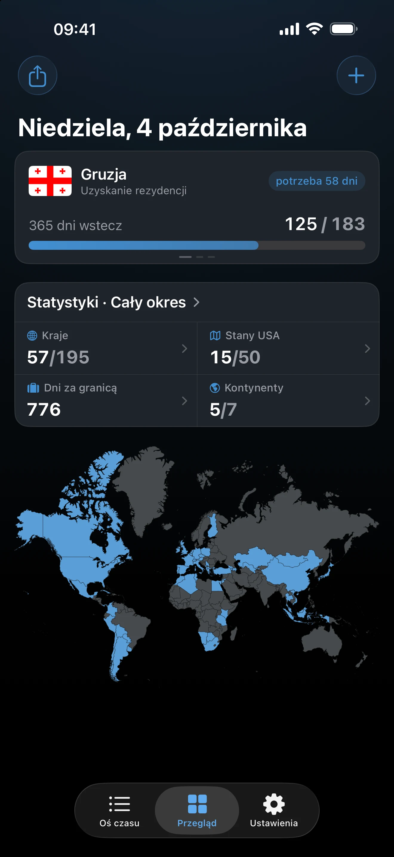Przegląd AtlasDays z sumami dni, trackerami i mapą świata