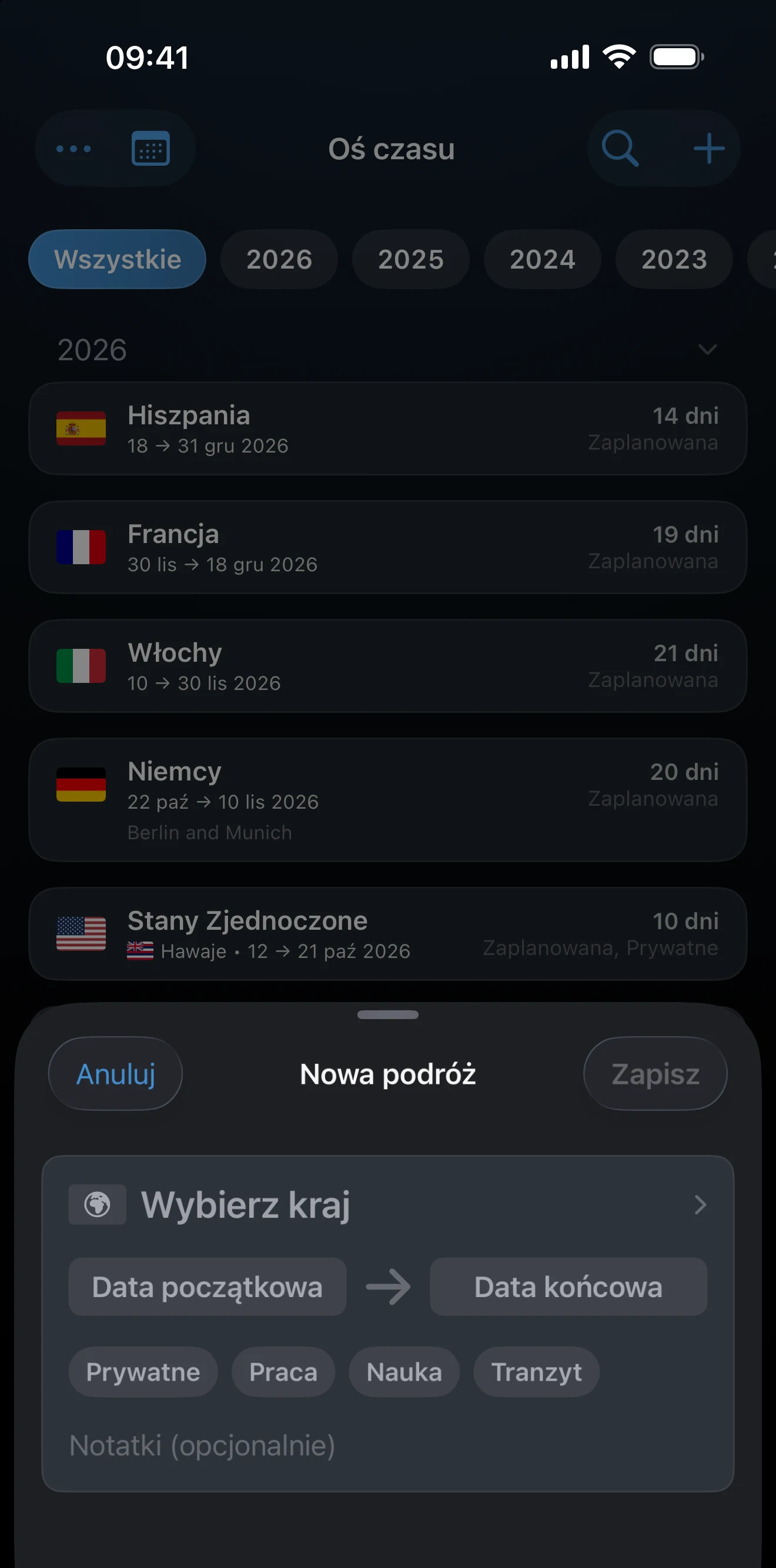 Arkusz Dodaj podróż z krajem, datami i celem podróży