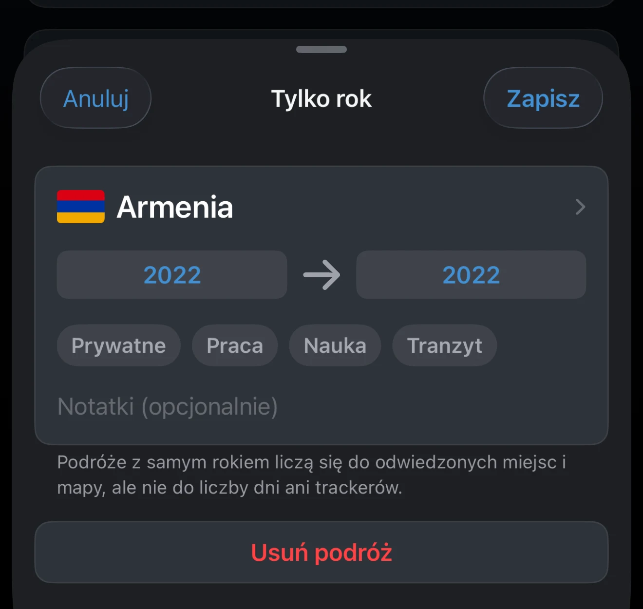 Podróż z opcją Tylko rok, z rokiem początkowym i końcowym