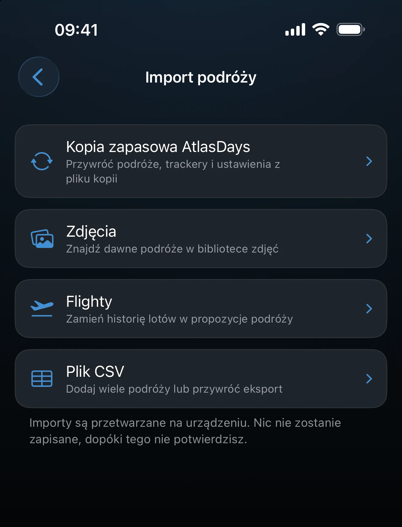 Ekran Import podróży z pozycjami Kopia zapasowa AtlasDays, Zdjęcia, Flighty i Plik CSV