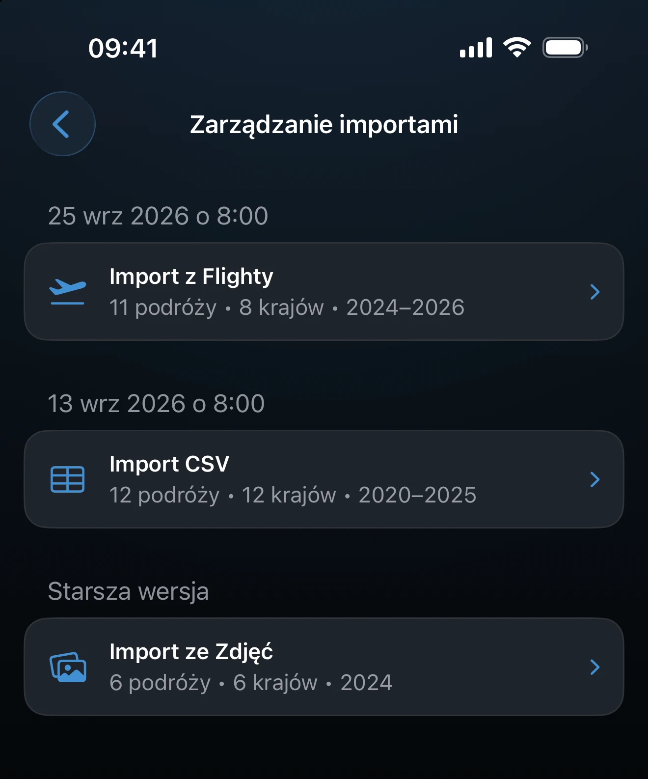 Ekran Zarządzanie importami z każdym importem i liczbą jego podróży i krajów