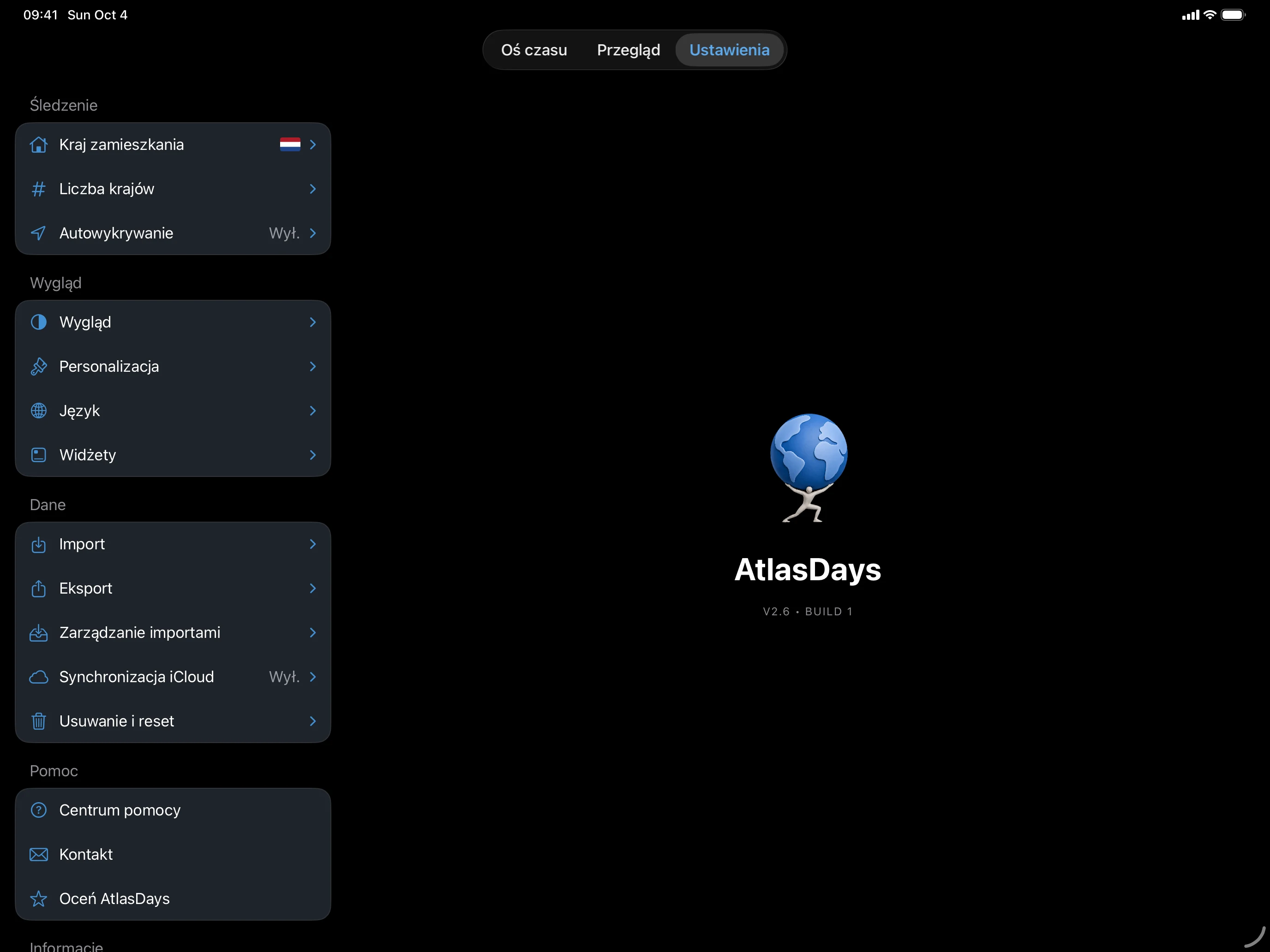 Ustawienia AtlasDays na tablecie iPad z paskiem bocznym i panelem szczegółów