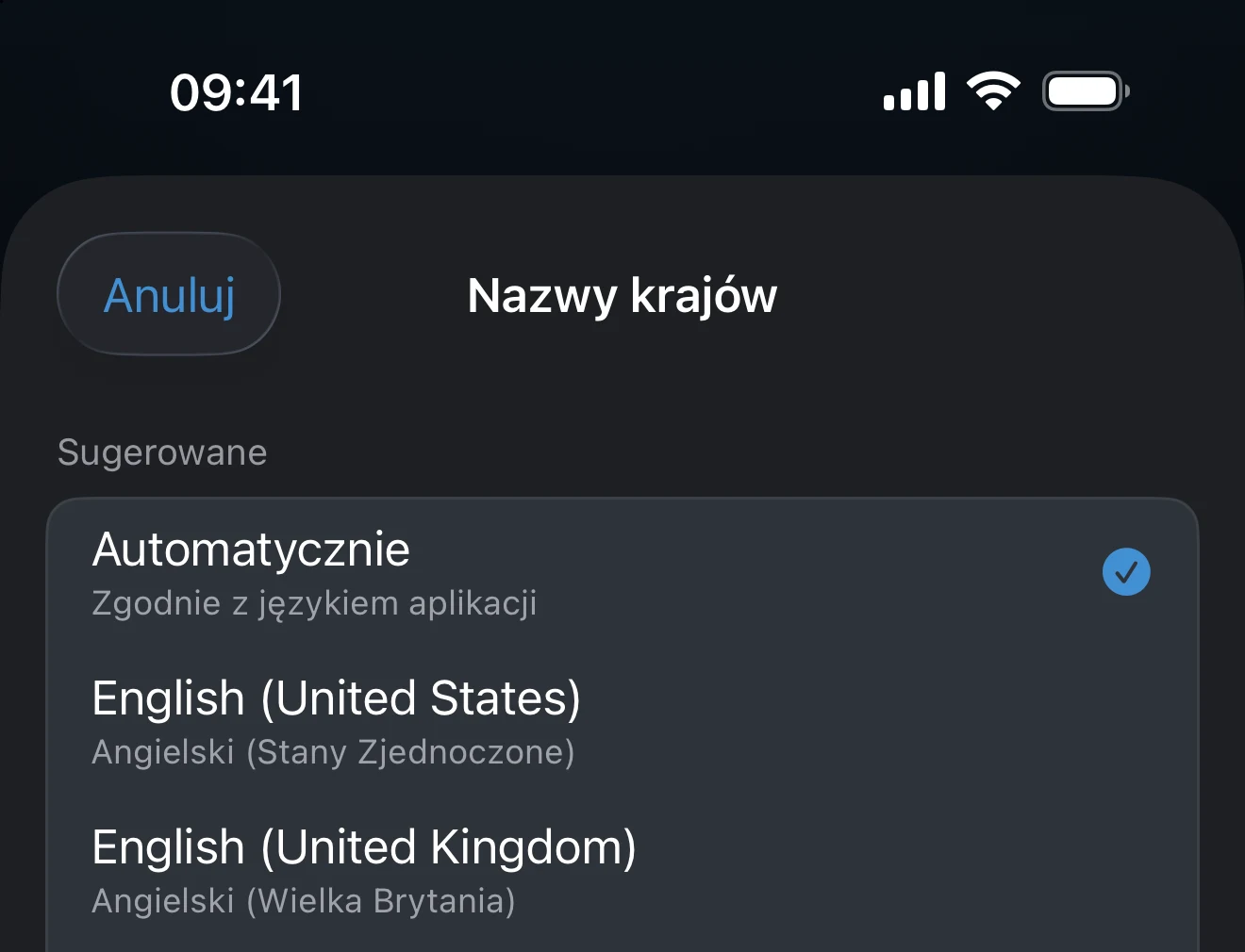 Lista wyboru języka nazw krajów