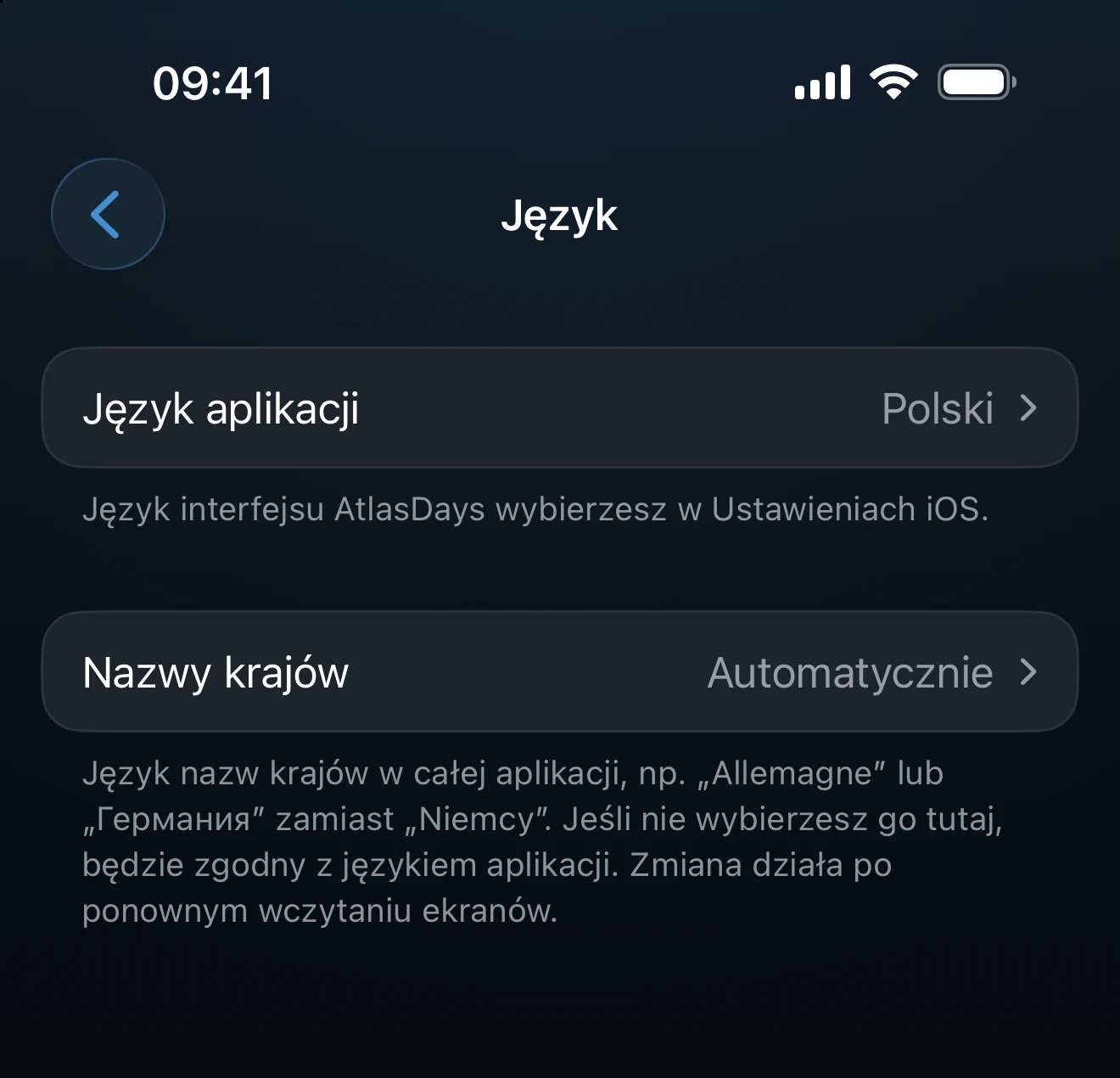 Ustawienia języka z językiem aplikacji i nazwami krajów