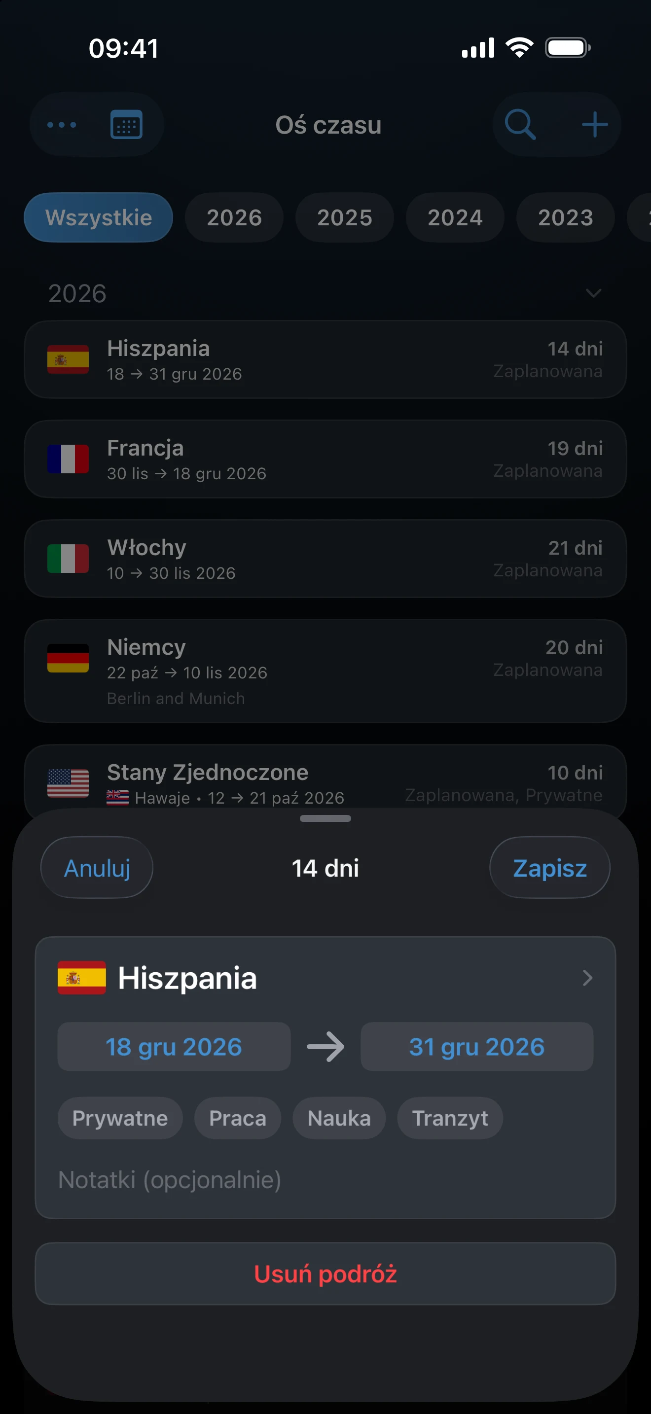 Arkusz „Dodaj podróż” z wpisanymi przyszłymi datami