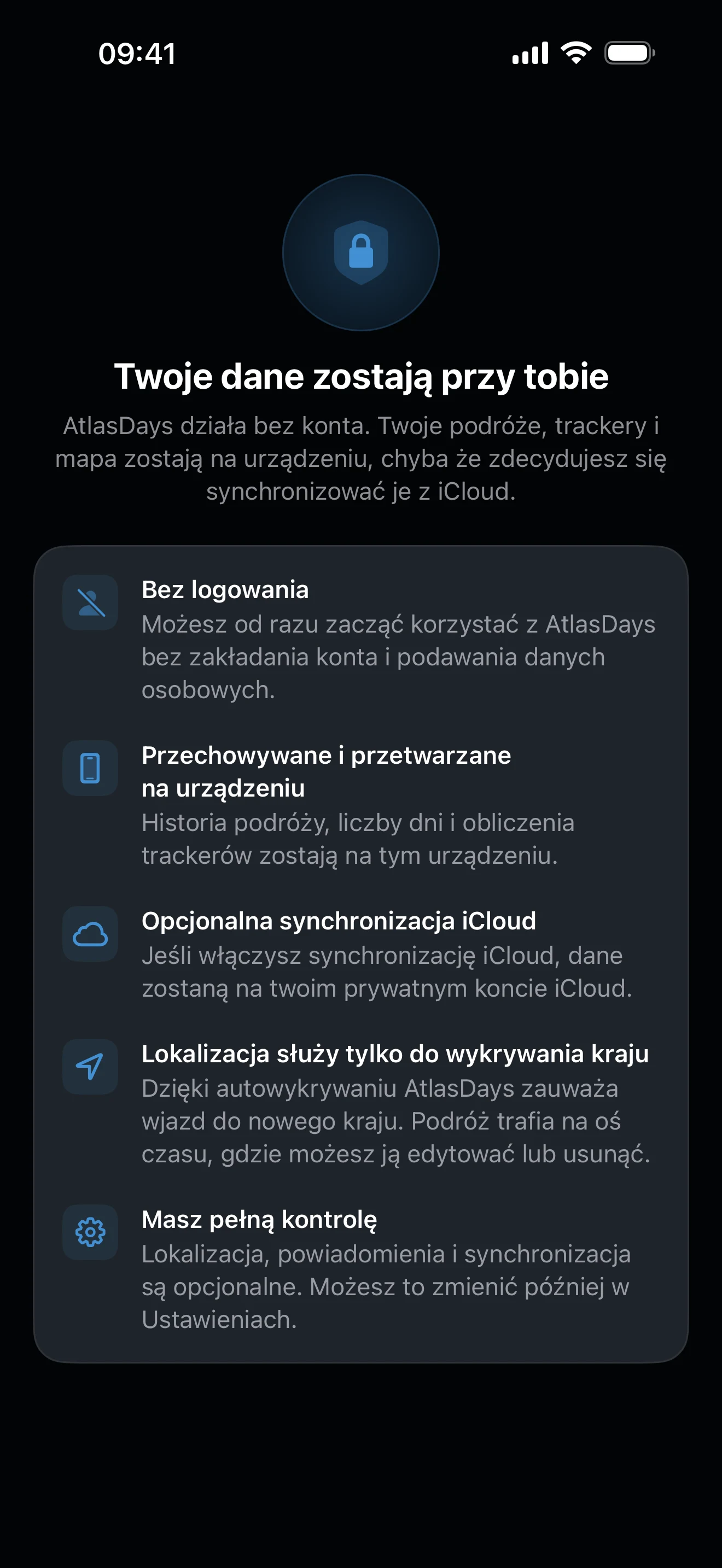 Podsumowanie prywatności w AtlasDays z informacjami o danych i uprawnieniach
