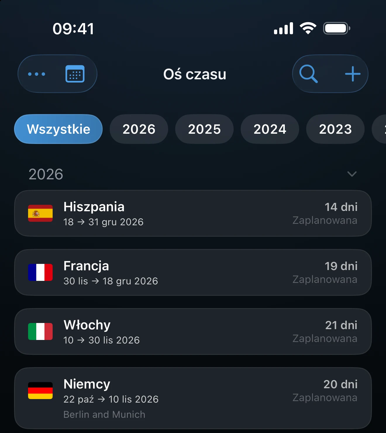 Lista na ekranie Oś czasu z pobytami w strefie Schengen i ich datami
