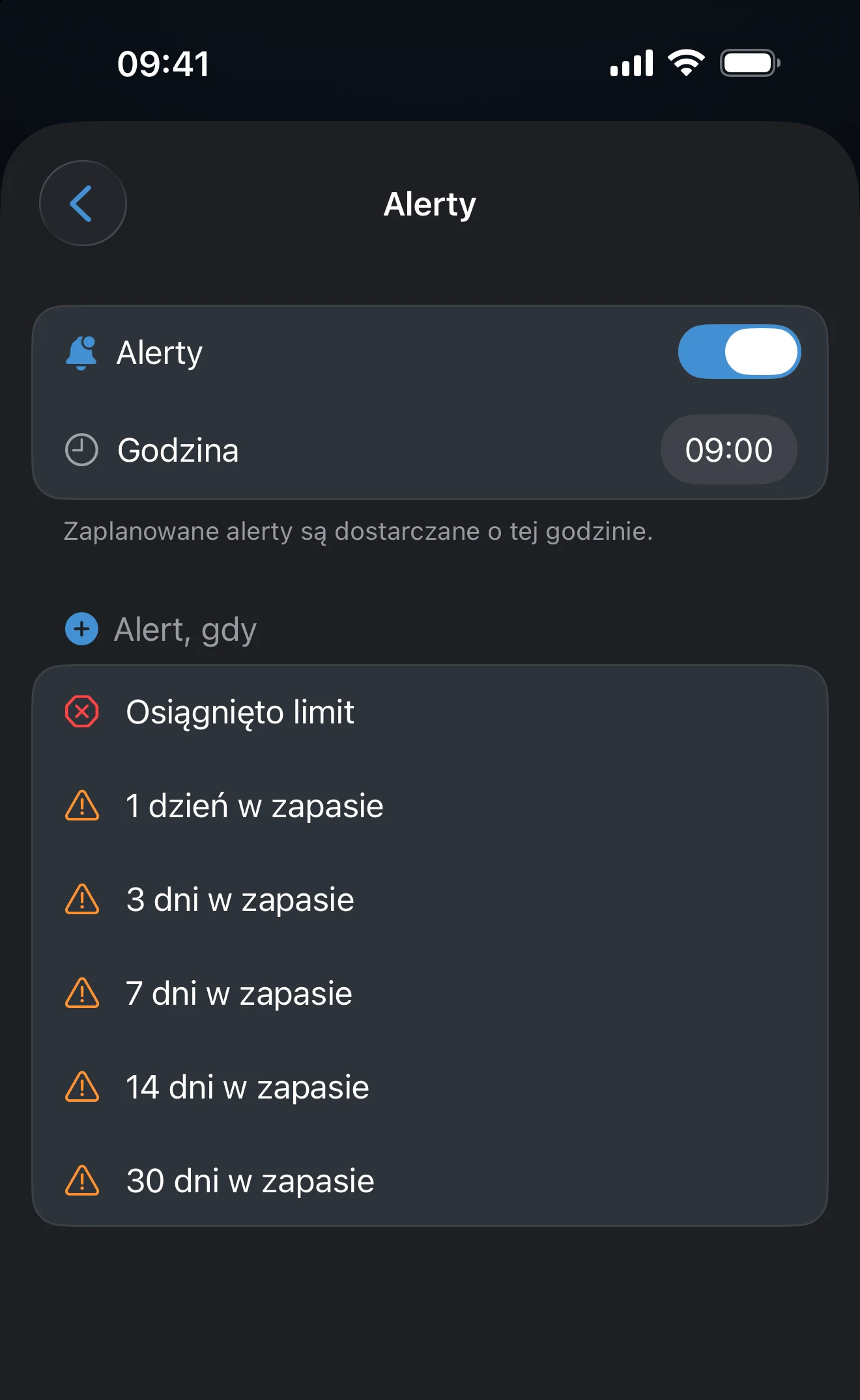 Ekran Alerty trackera z godziną dostarczania i listą progów