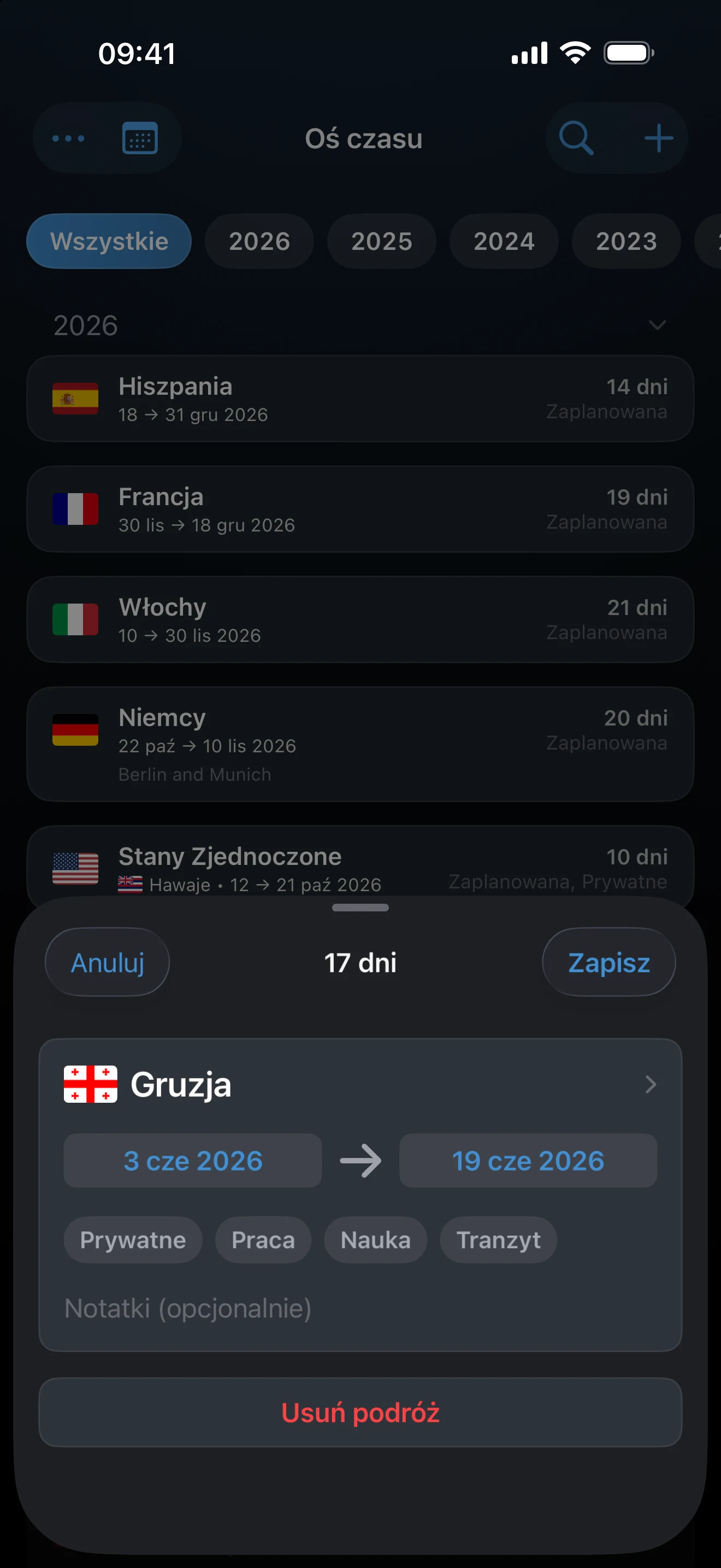 Arkusz edycji podróży z krajem i datami